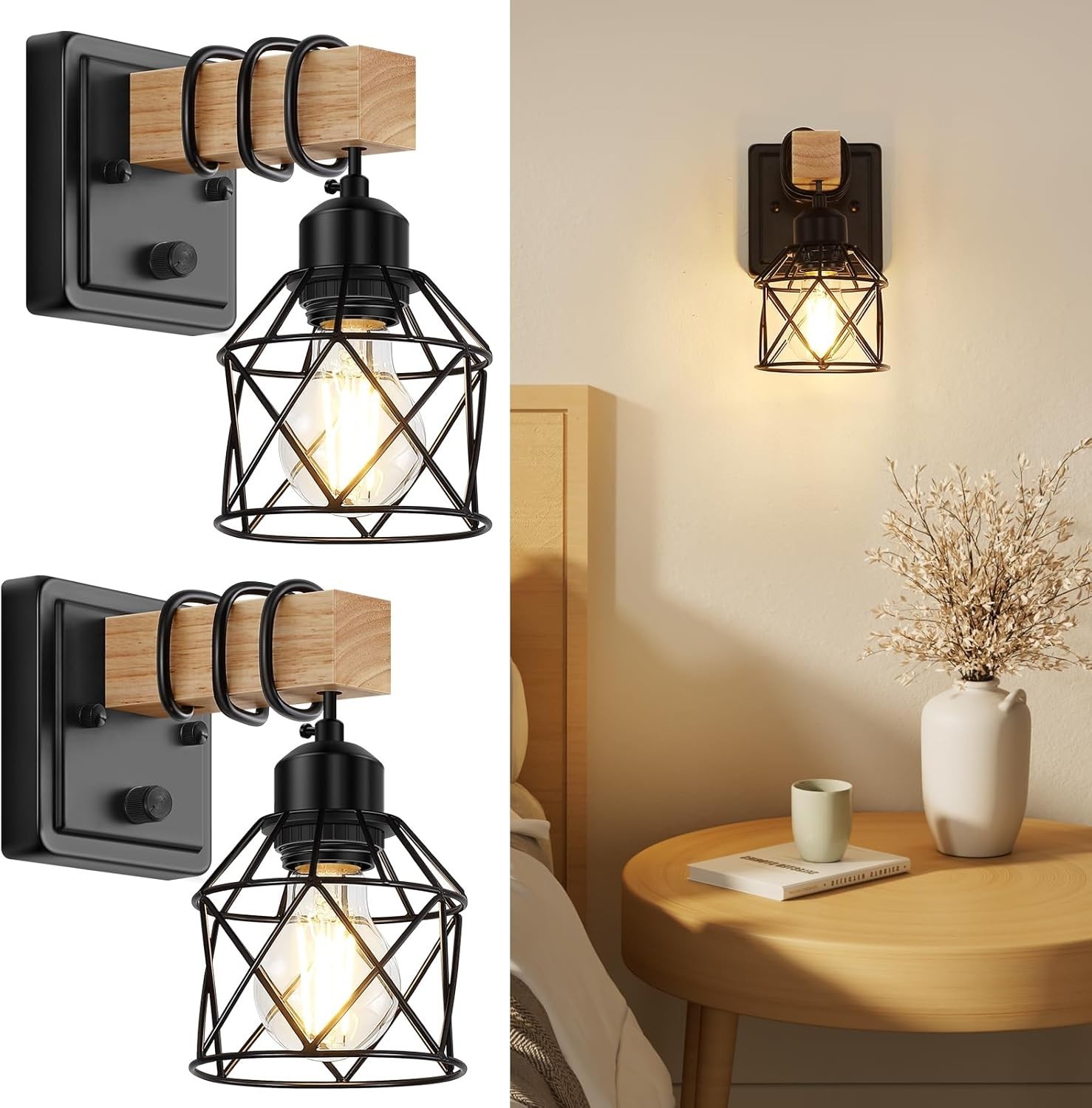 Dimmable Wall Sconces Set of Two, Bedside Wall Mounted Lamp with Rotary Switc…