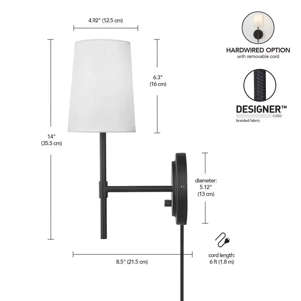 Hampton Bay Ridgeway 6 in. 1-Light Matte Black Plug-In/Hardwire Wall Sconce