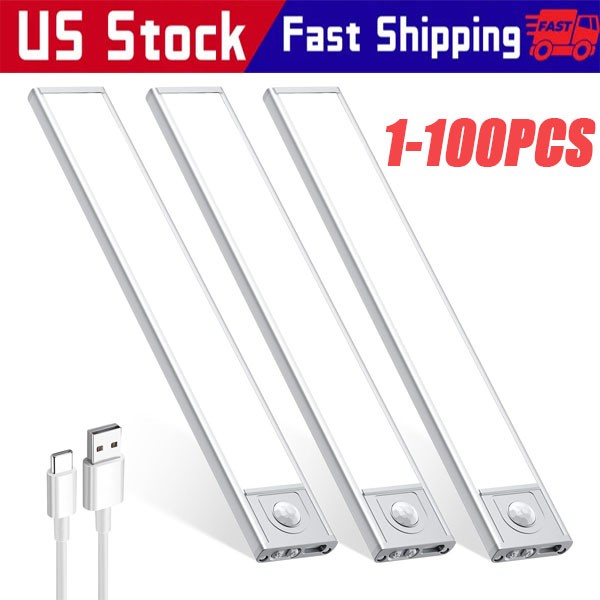 LED Motion Sensor Under Cabinet Closet Light USB Rechargeable Kitchen Lamp Strip