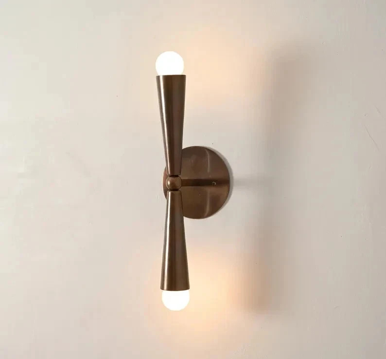 Mid Century Modern 2-Light Raw Brass Mini Cone Sputnik Wall Sconce