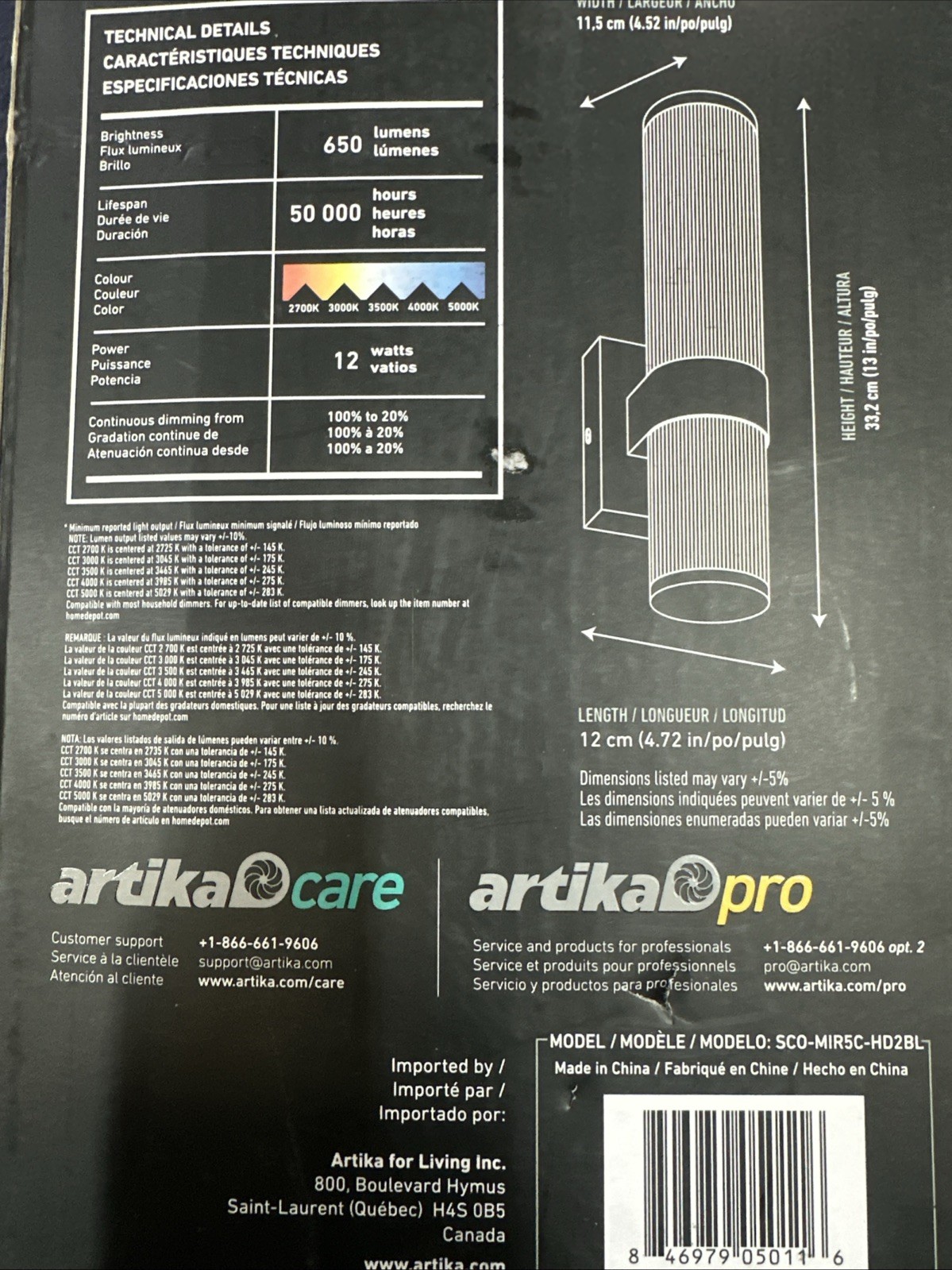Artika Mirado 5 in. Matte Black LED Wall Sconce 5CCT Adjustable Indoor Light