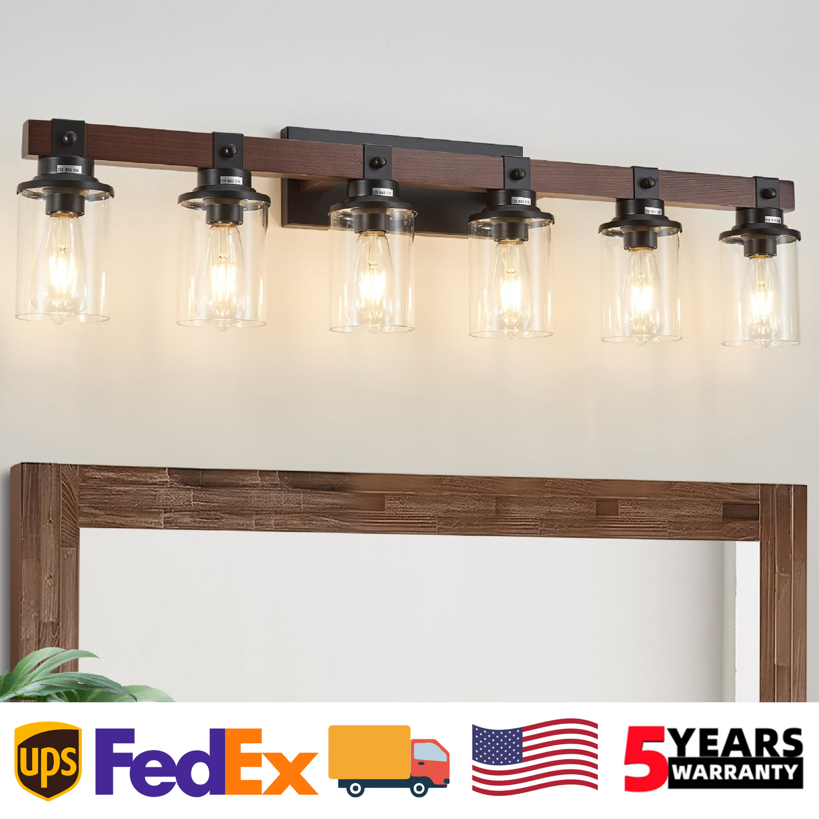 6 Lights 42» Vanity Light Farmhouse Wood Black for Bathroom Mirror Wall Fixture