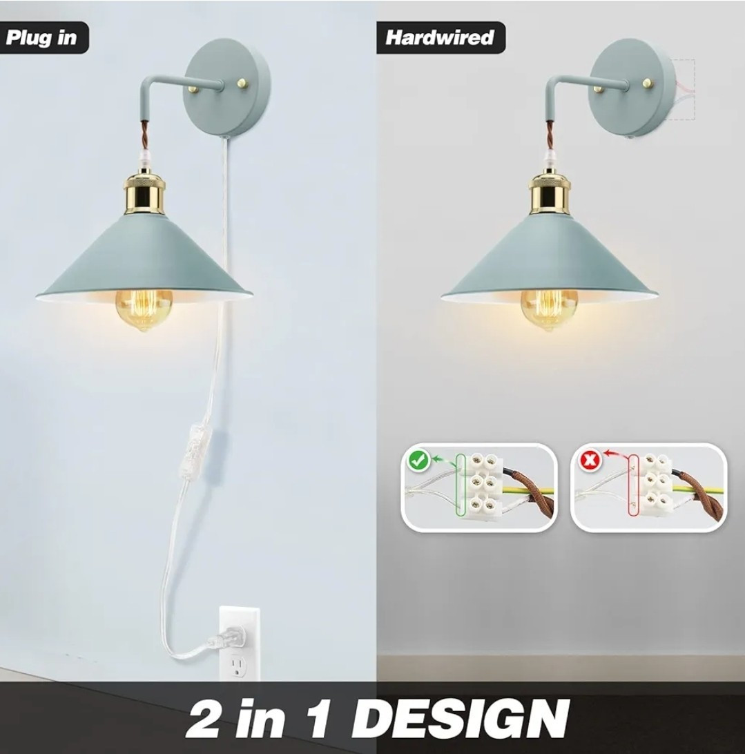 KEWANNO vintage Blue Metal Wall Sconce Plug-In or Hardwired, E26 Max 60W, 2-Pack