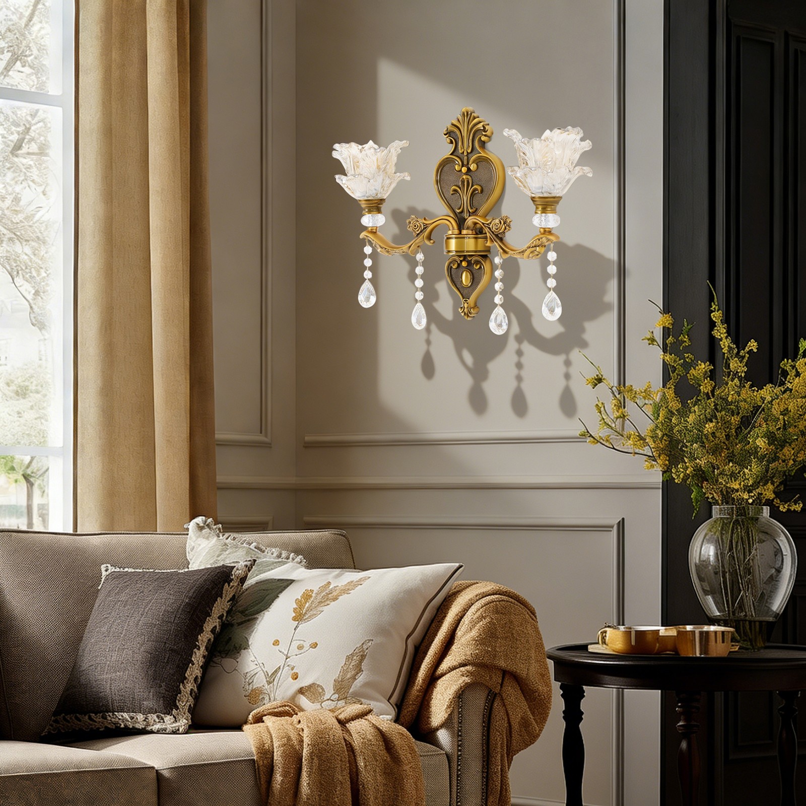 Vintage Wall Light Indoor 36x36cm With Floral Lampshade Acrylic Crystal Pendants