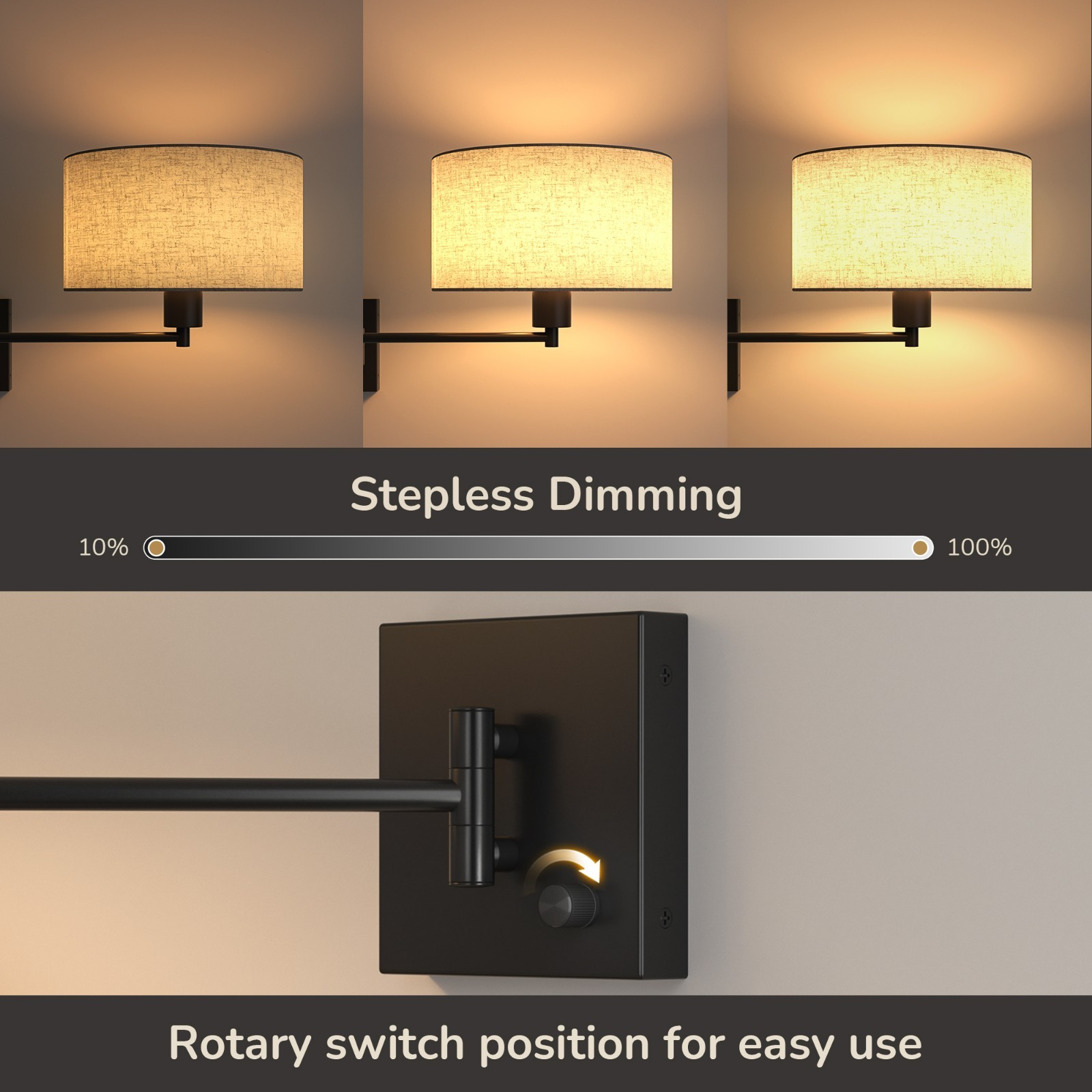 Wall Sconce, Dimmable Adjustable Plug-in/Hardwired Swing Arm Wall Sconce W/ Bulb