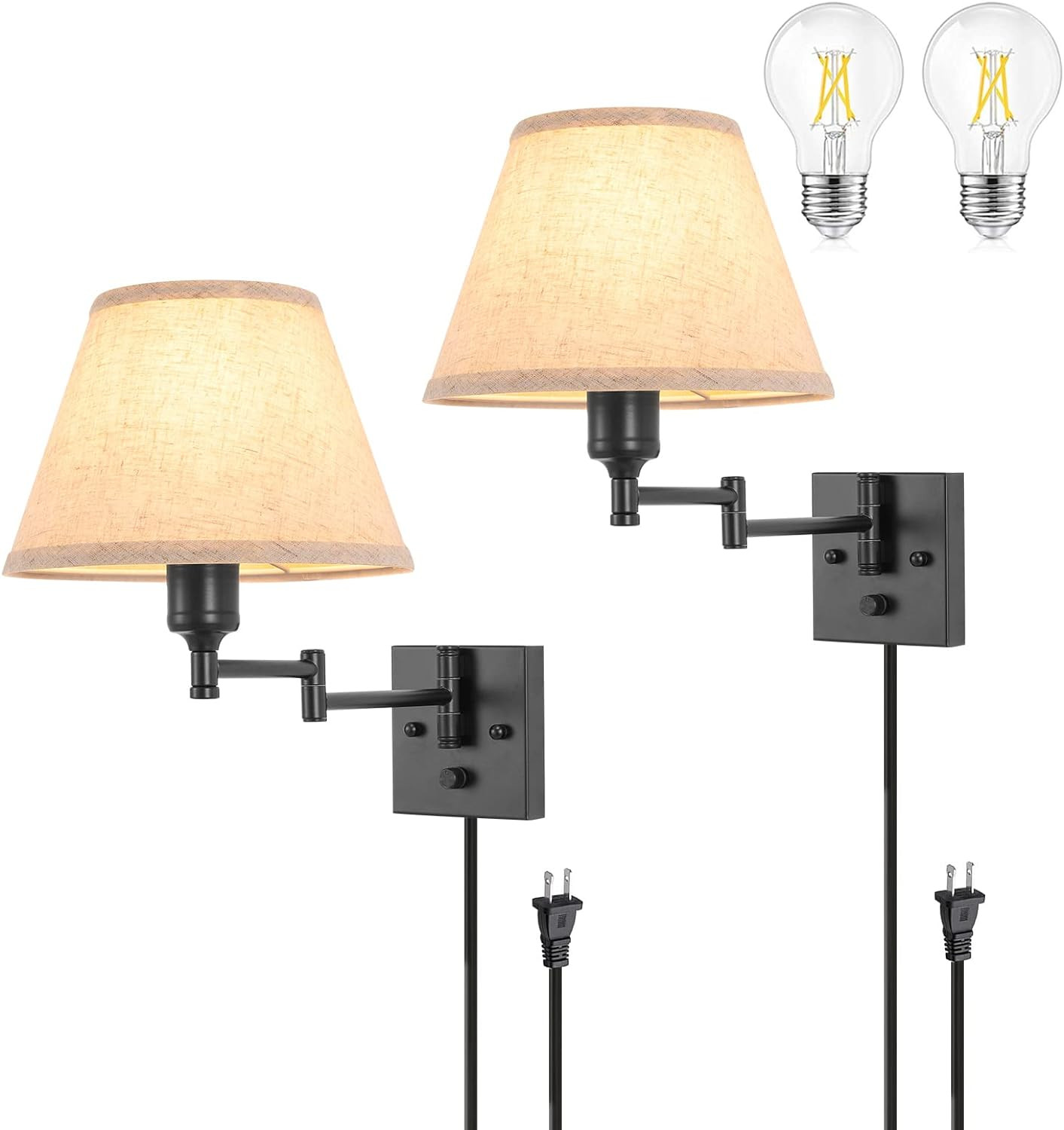 Wall Sconce Plug In, Dimmable Wall Sconces Set of Two Swing Arm Wall Lights with