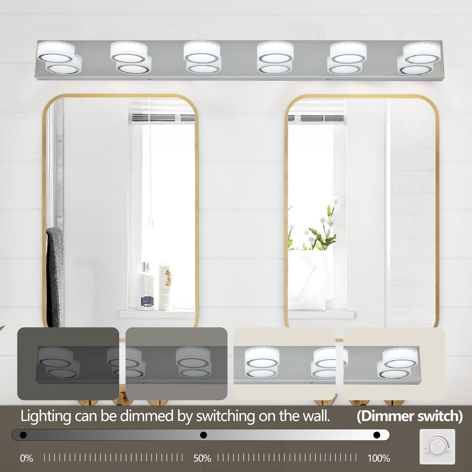 LED 45» Vanity 6 Light Rotating Round Chrome Bathroom Mirror Wall Lamp Fixture