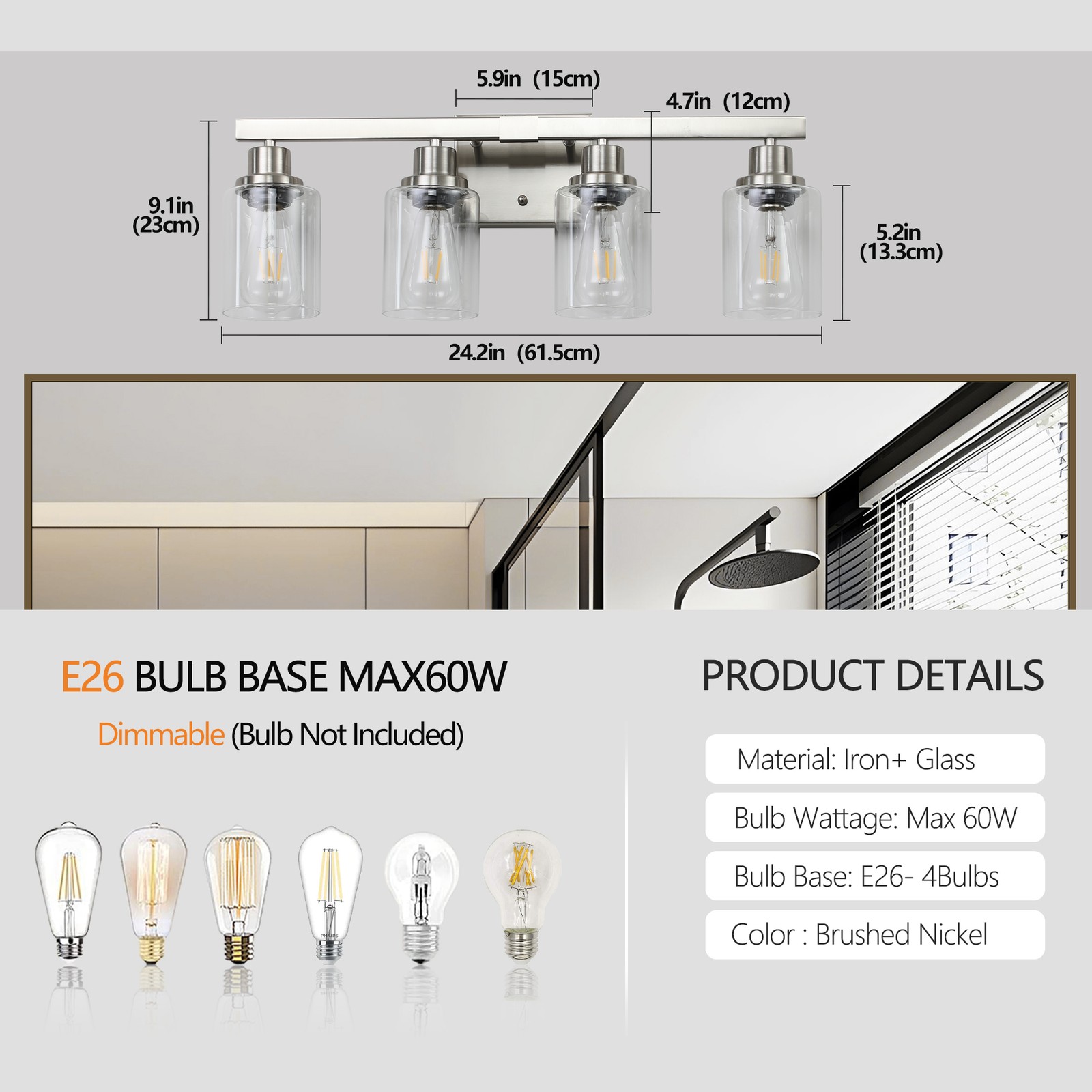 24″ Modern Nickel Vanity Light Bathroom Mirror Wall Lamp 4 Lights Sconce Fixture