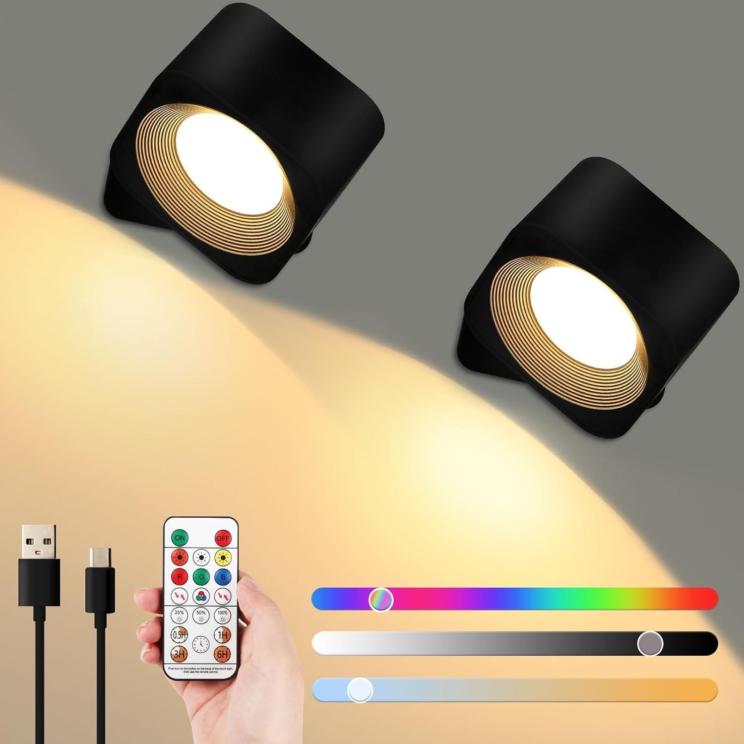 2PCS LED Wall Sconces Dimmable Wall Mounted Lamp Touch & Remote Control Cordless