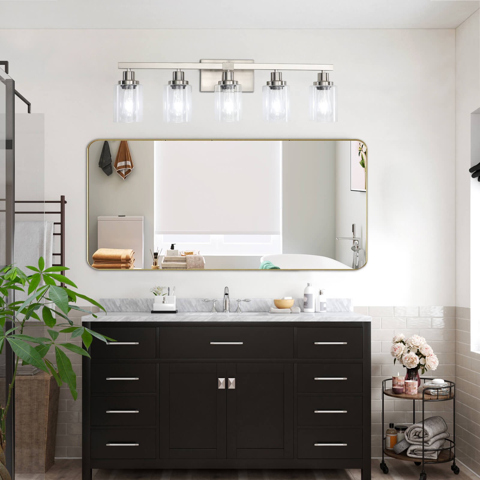 31″ 5 Lights Vanity Light Fixture Modern Nickel Bathroom Mirror Wall Lamp Sconce