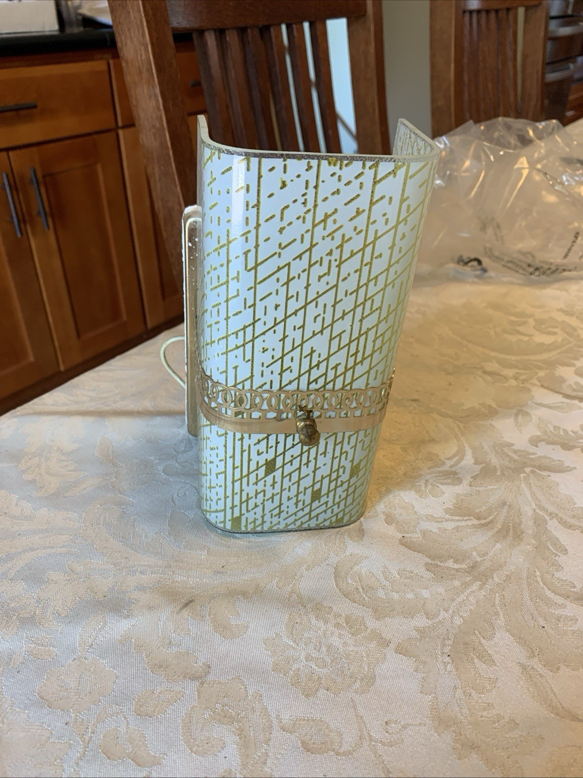 Vintage MCM Gold White Glass Wall Sconce Brass Hardwired Light Fixture