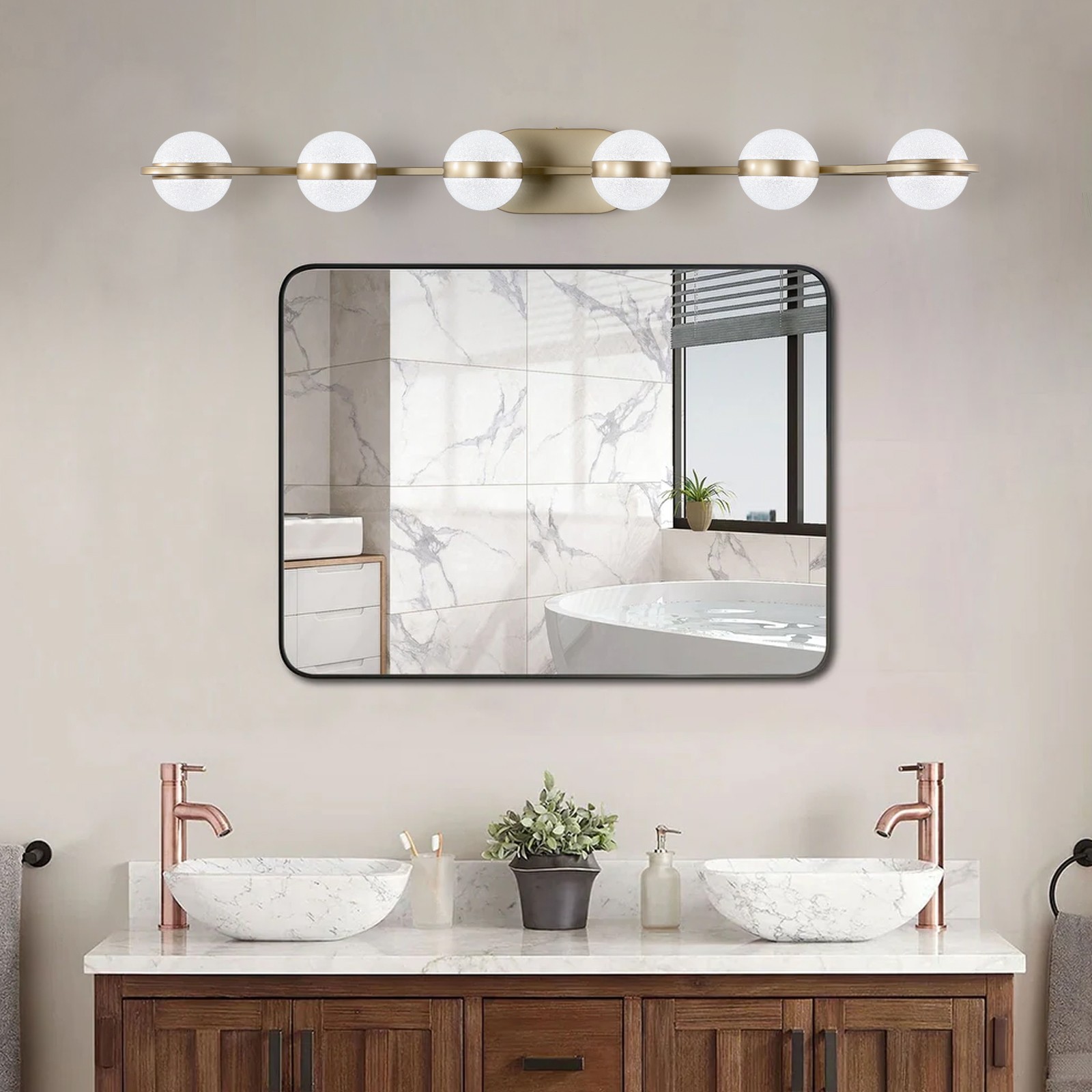 43 Inch Gold Vanity LED Light 6 Lights Fixture Crystal Sand Acrylic Shades