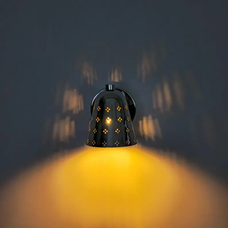 Silver Brass Wall Sconce, Mid Century Lamp Cone, Perforated Spotlight Fixture