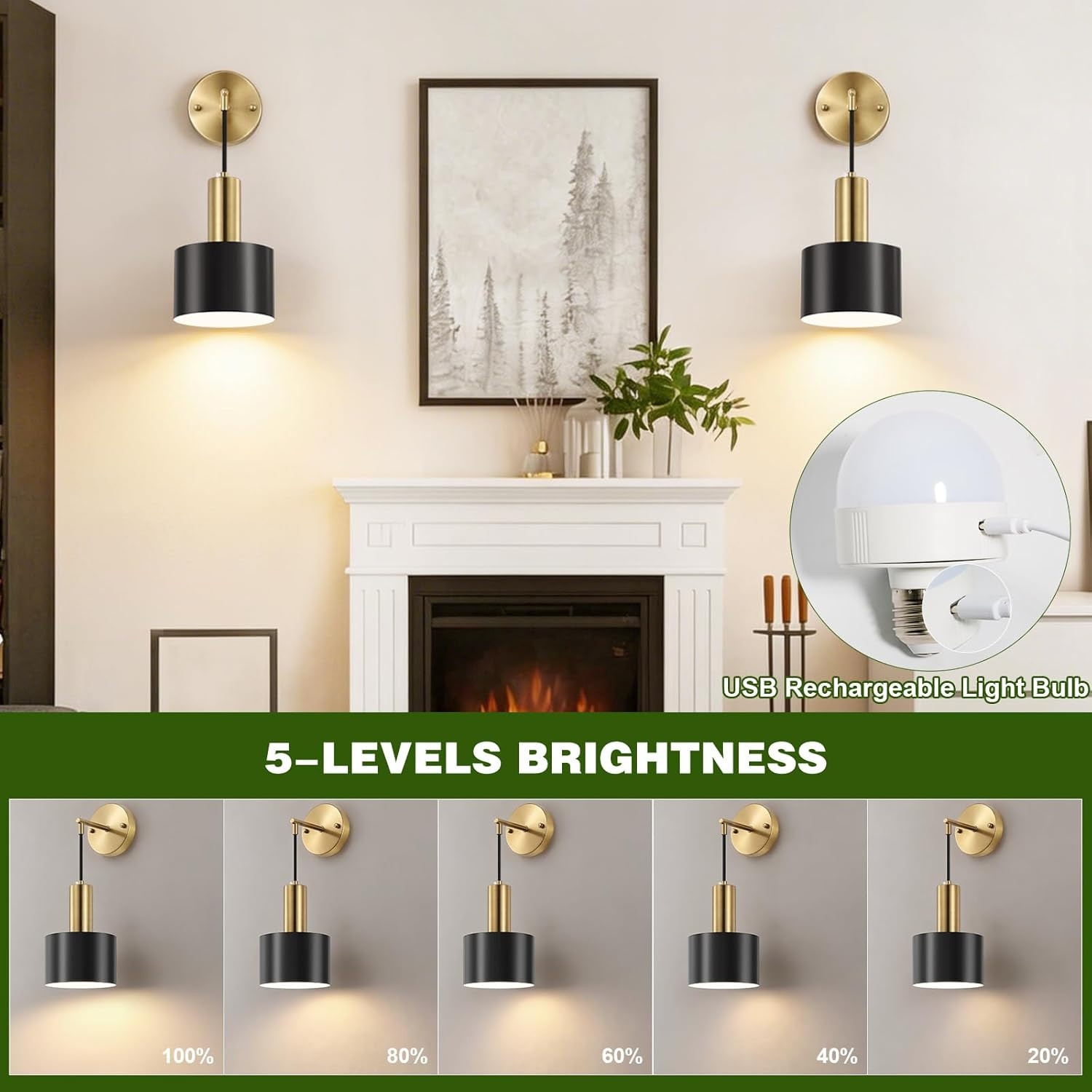 Rechargeable Black & Gold Wall Sconces Set of 2 with Remote & 15 Colors
