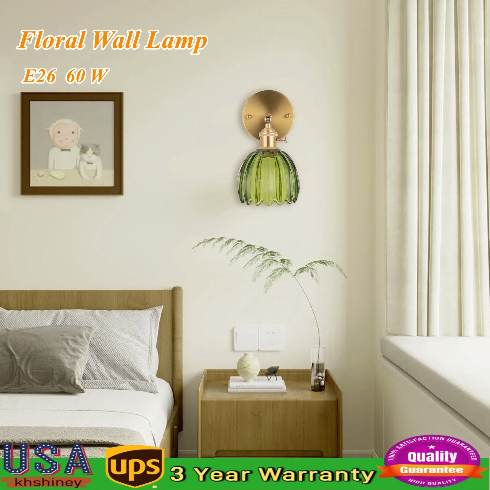 Nordic Green Metal Bedroom Wall Lamp Flower Glass Shape Wall Sconce Light USA