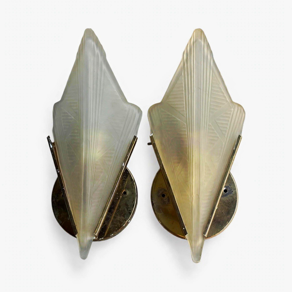 Art Deco Pair Wall Sconces Frosted White Glass Shades Brass Metal Indoor