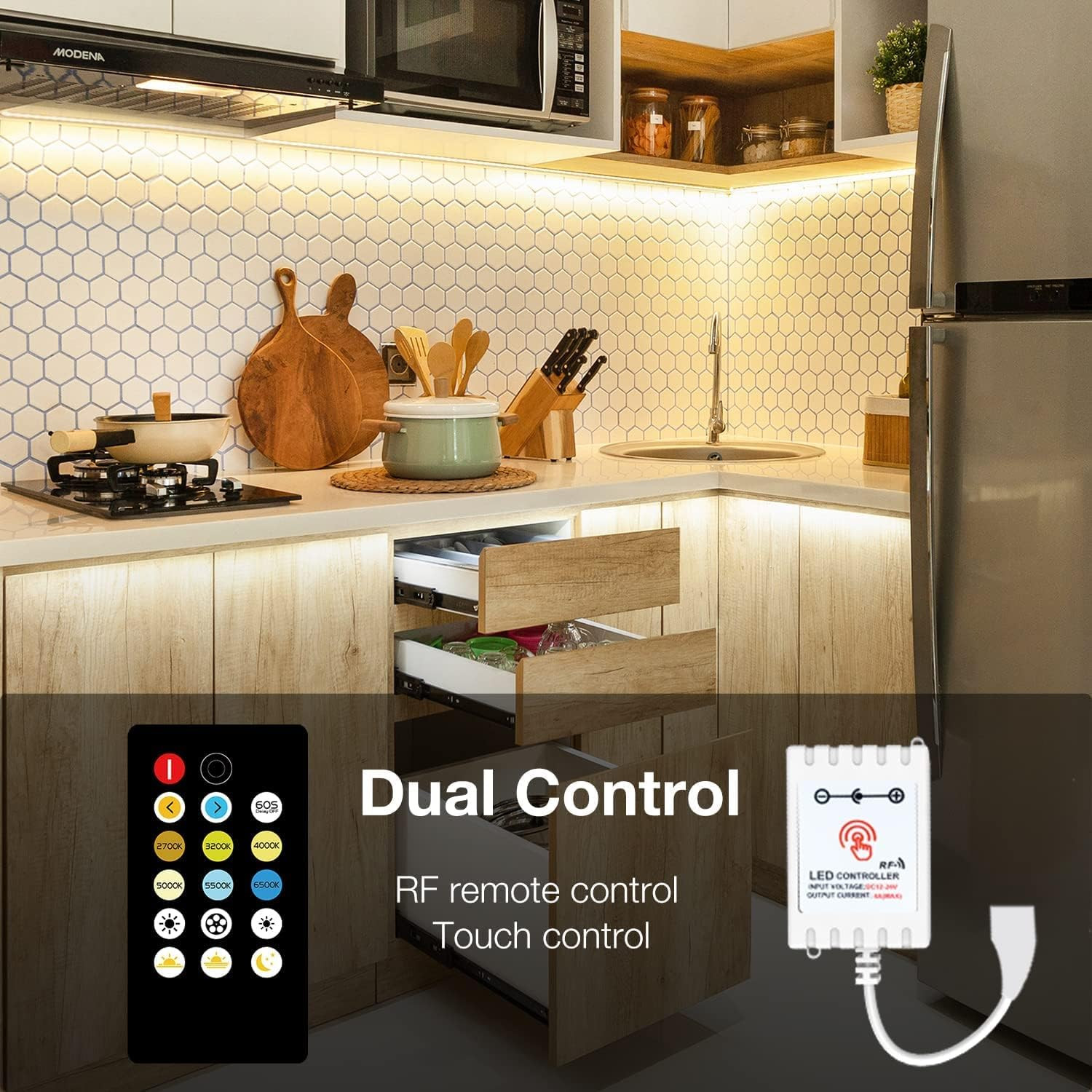 under Cabinet Lighting Kit, 6 PCS LED Strip Lights with Remote, Dimmer and Adapt