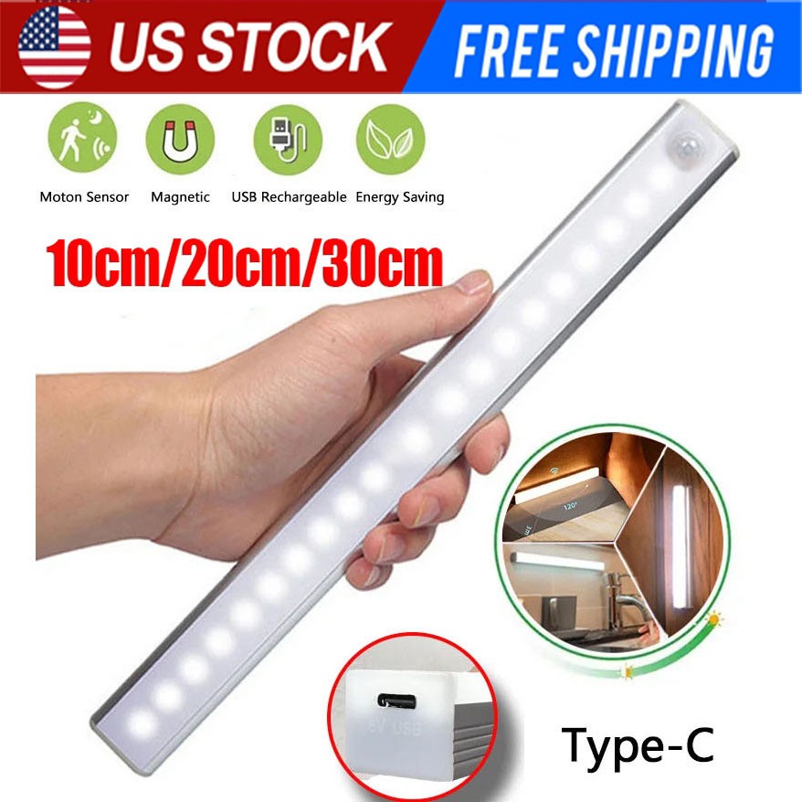 LED Motion Sensor Under Cabinet Closet Light USB Rechargeable Kitchen Lamp Strip