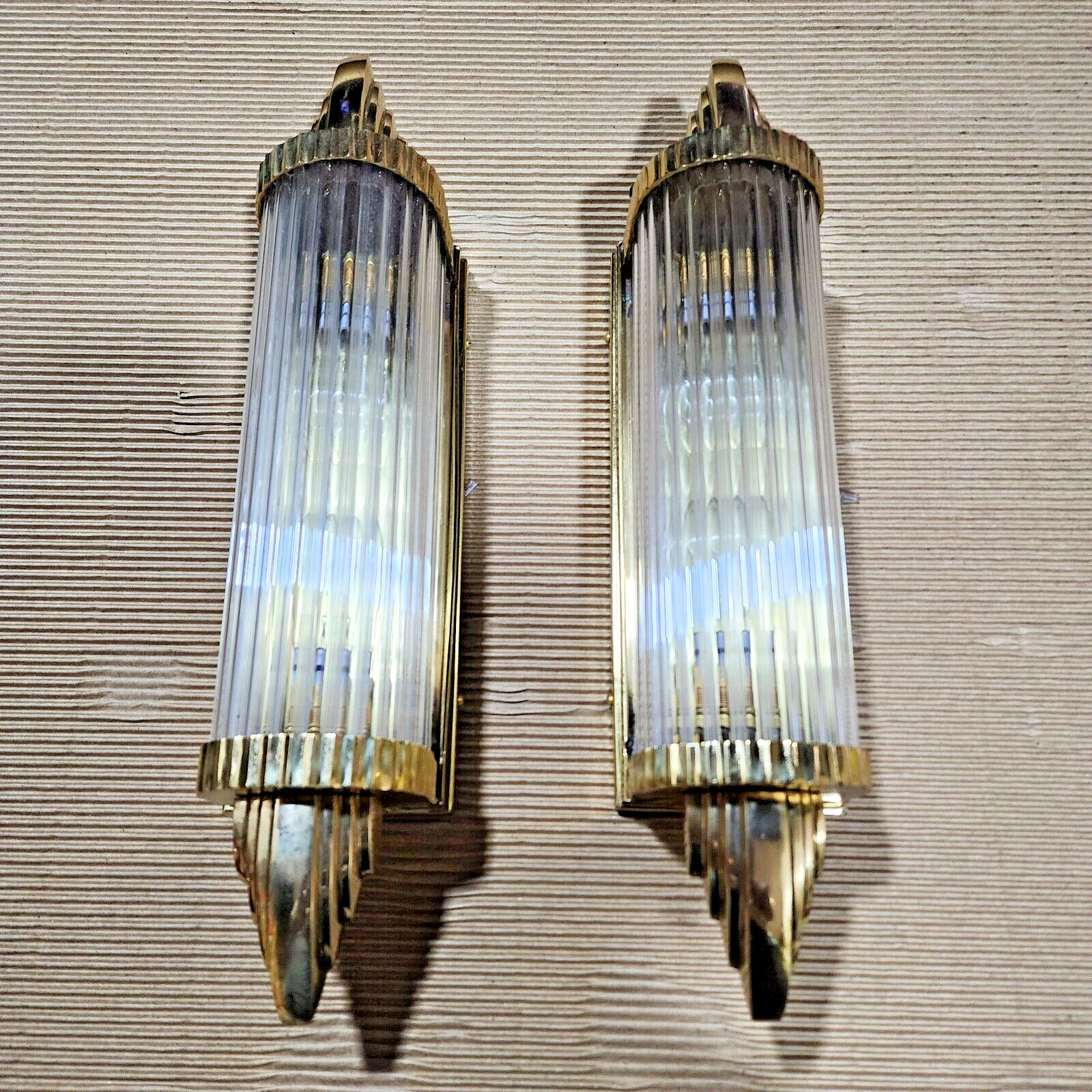 2-LIGHT BRASS WALL SCONE PAIR WITH CLEAR GLASS CRYSTAL 10 X 11 X 48 CM SM8