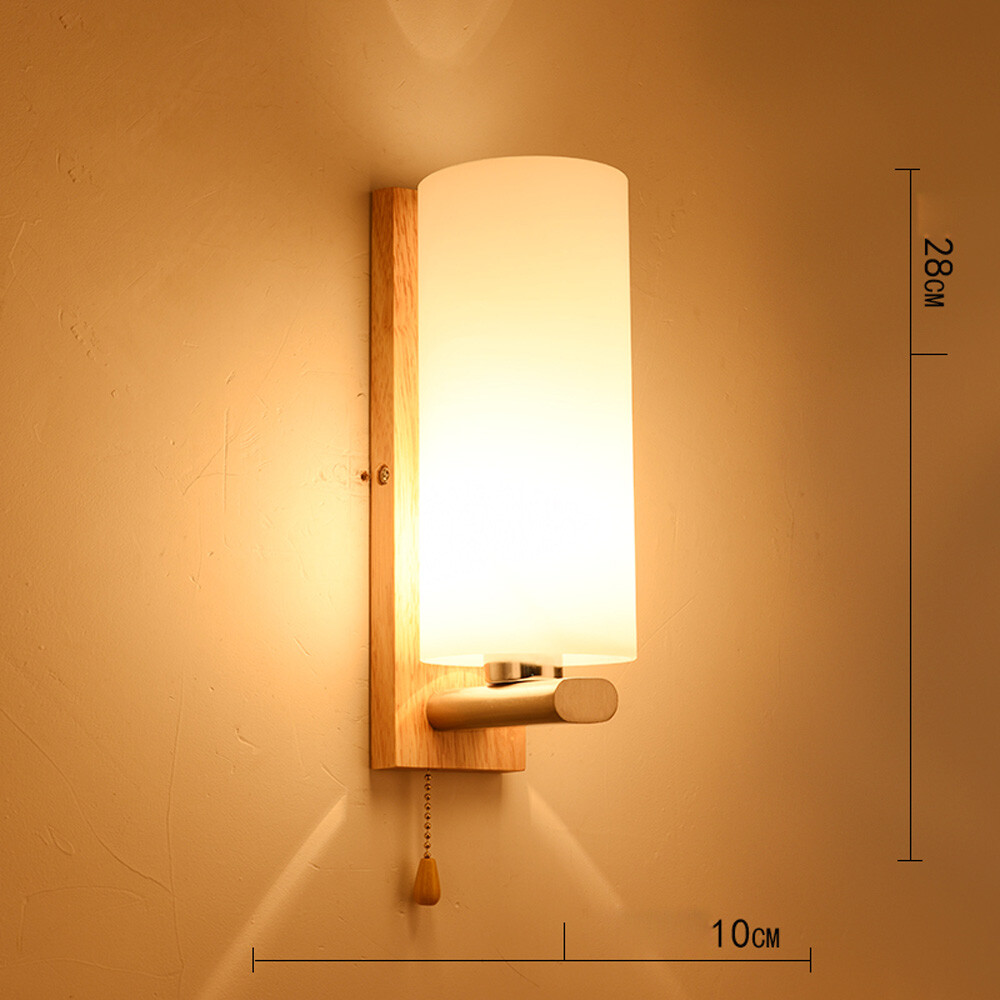 Wooden Glass Wall Lamp 5W Bedroom Sconce Light Fixture With Pull Switch
