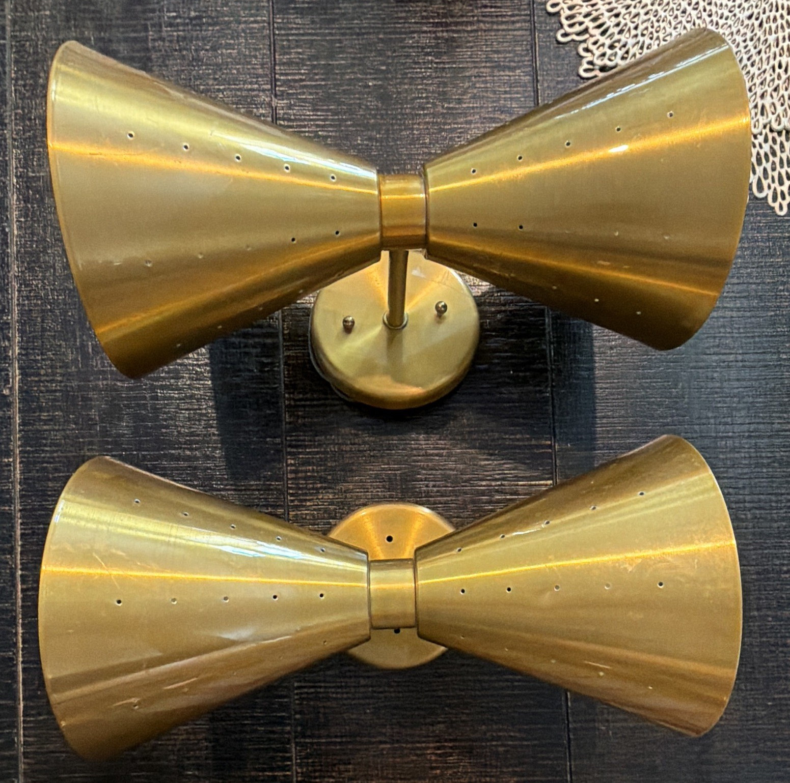 Vintage Oasis Gold Metal Double Cone Wall Sconce Pair, Hardwired Indoor