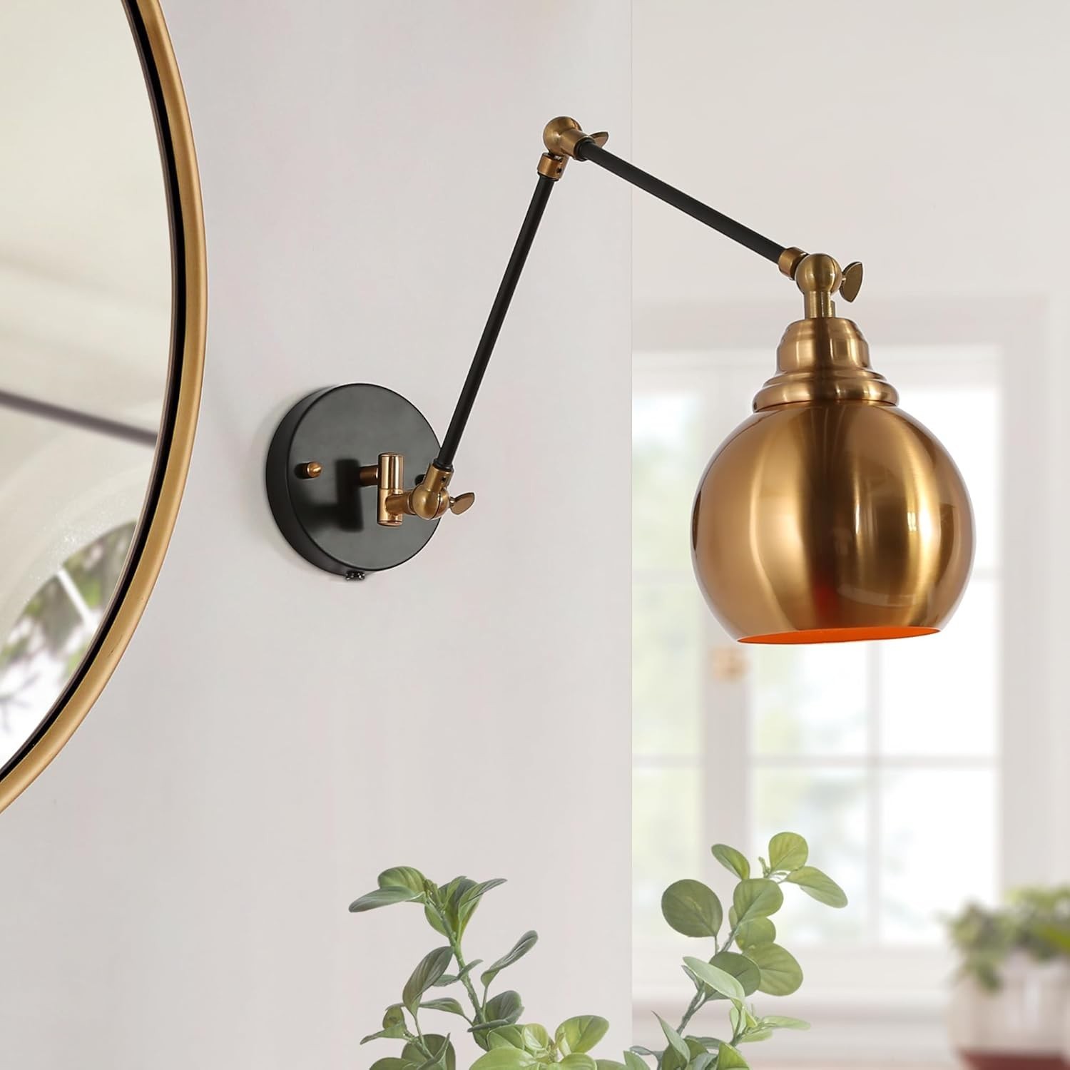 Black Gold Swing Arm Wall Sconce, Modern Plug-in or Hardwired Sconces Lighting