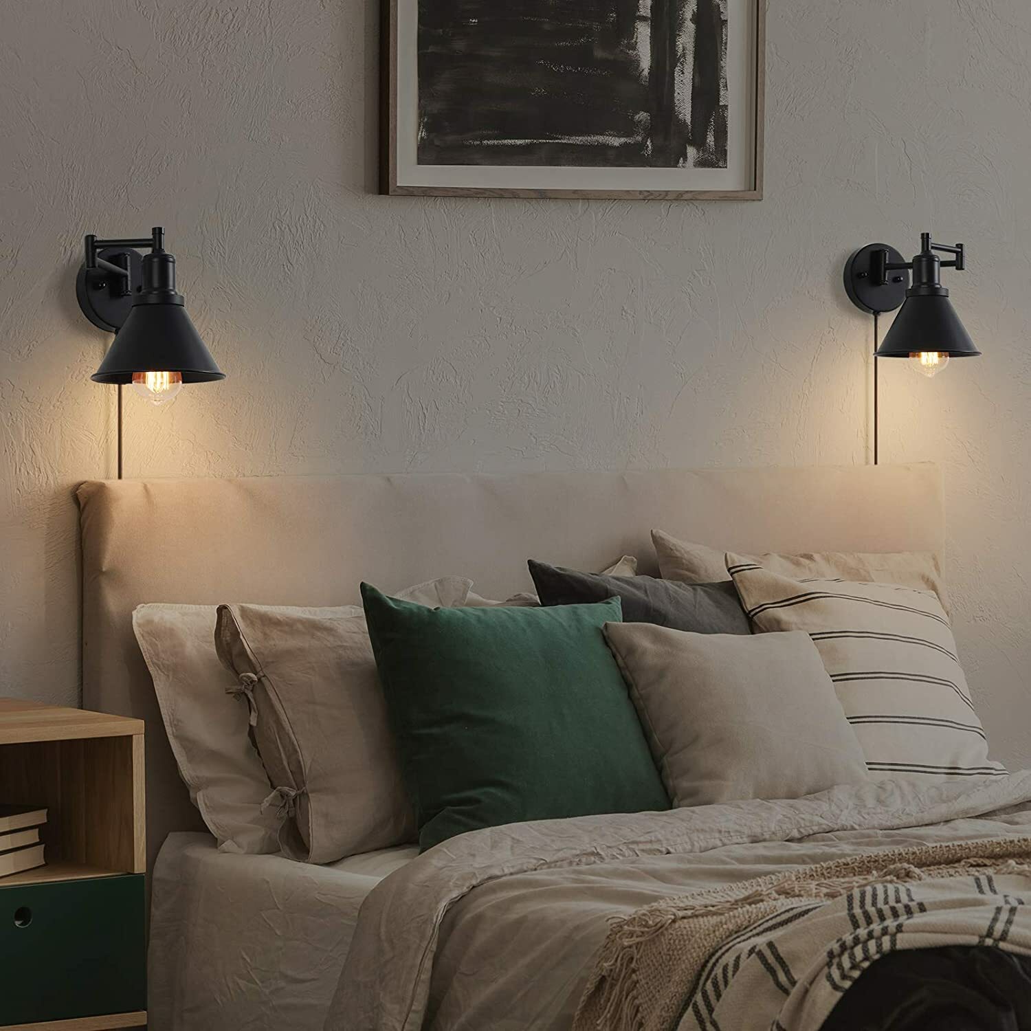 Set of 2 Farmhouse Plug in Wall Sconce Swing Arm Lamp Reading Light Fixture