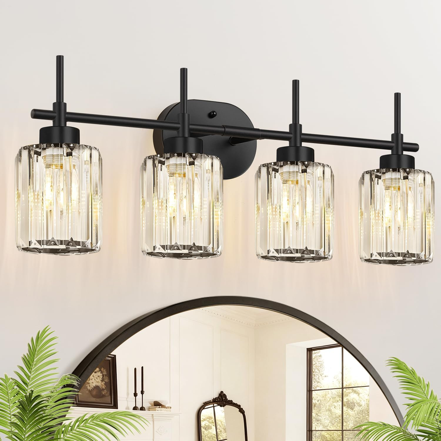 Matte Black 4-Light Crystal Bathroom Vanity Light, Modern Bathroom Light Fixture