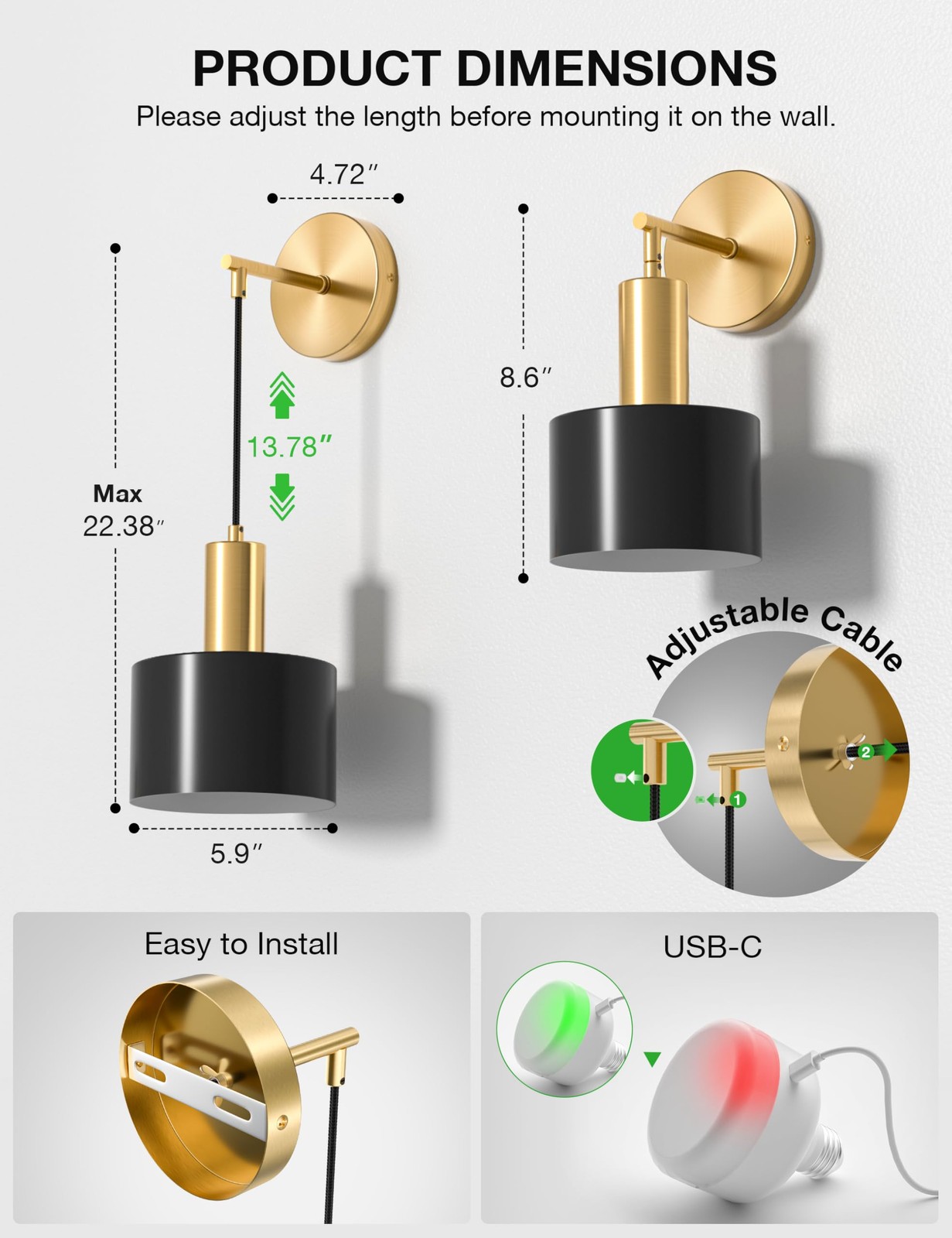 Battery Operated Wall Sconce Set of 2, Gold & Black Wireless Rechargeable Wal…
