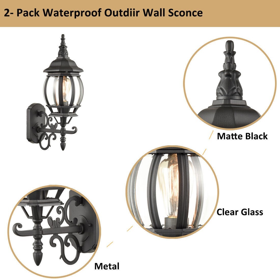 2-Pack Outdoor Wall Lantern Waterproof Exterior Wall Sconce Light Matte Black