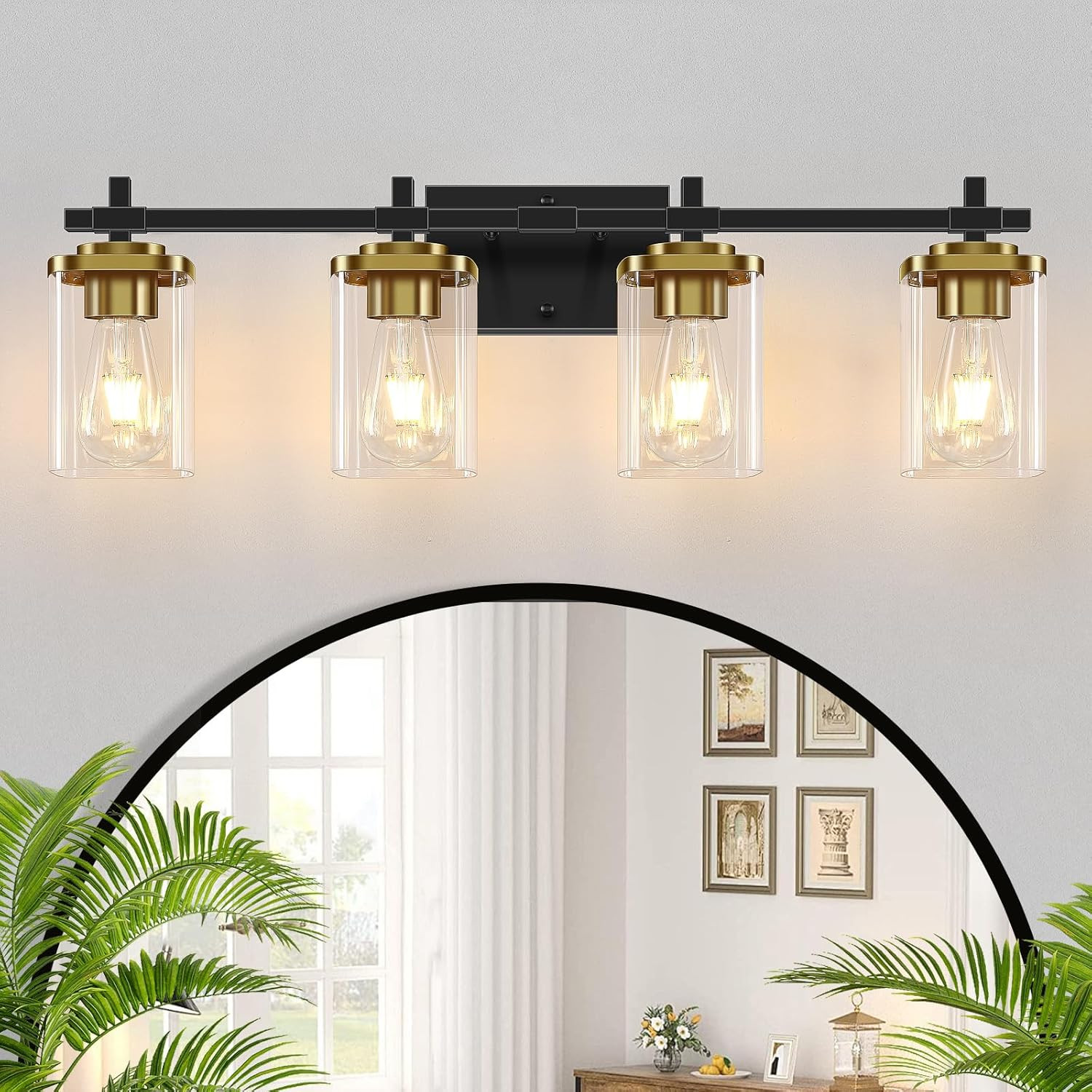 4-Lights Black and Gold Bathroom Vanity Light, Modern Bathroom Wall Sconces Ligh