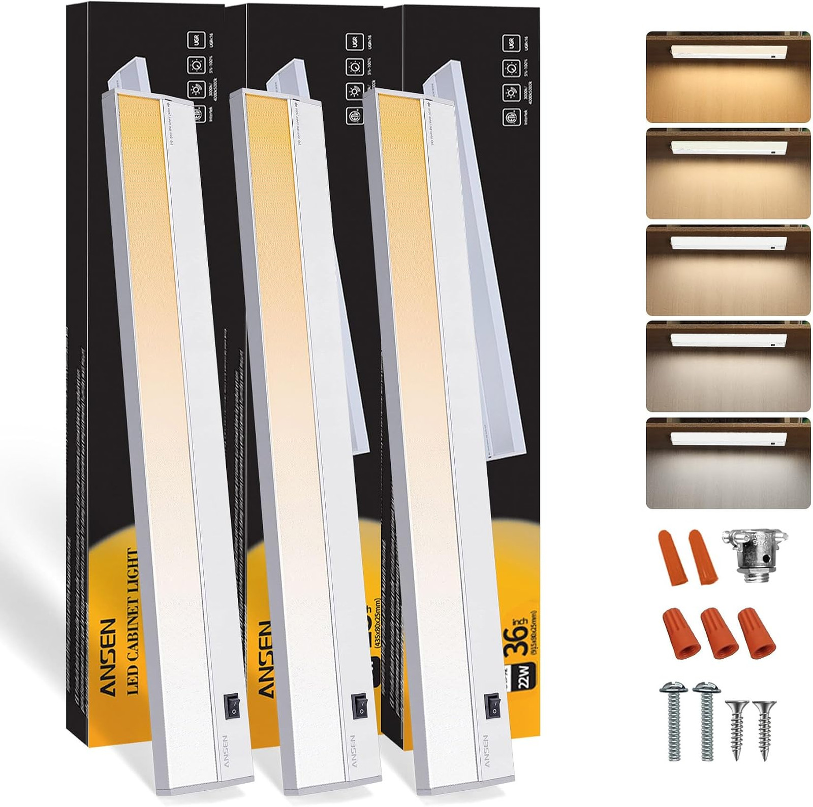 3Packs of Under Cabinet Lights for Kitchen, 36in 22W 1426LM, Dimmable Hardwire