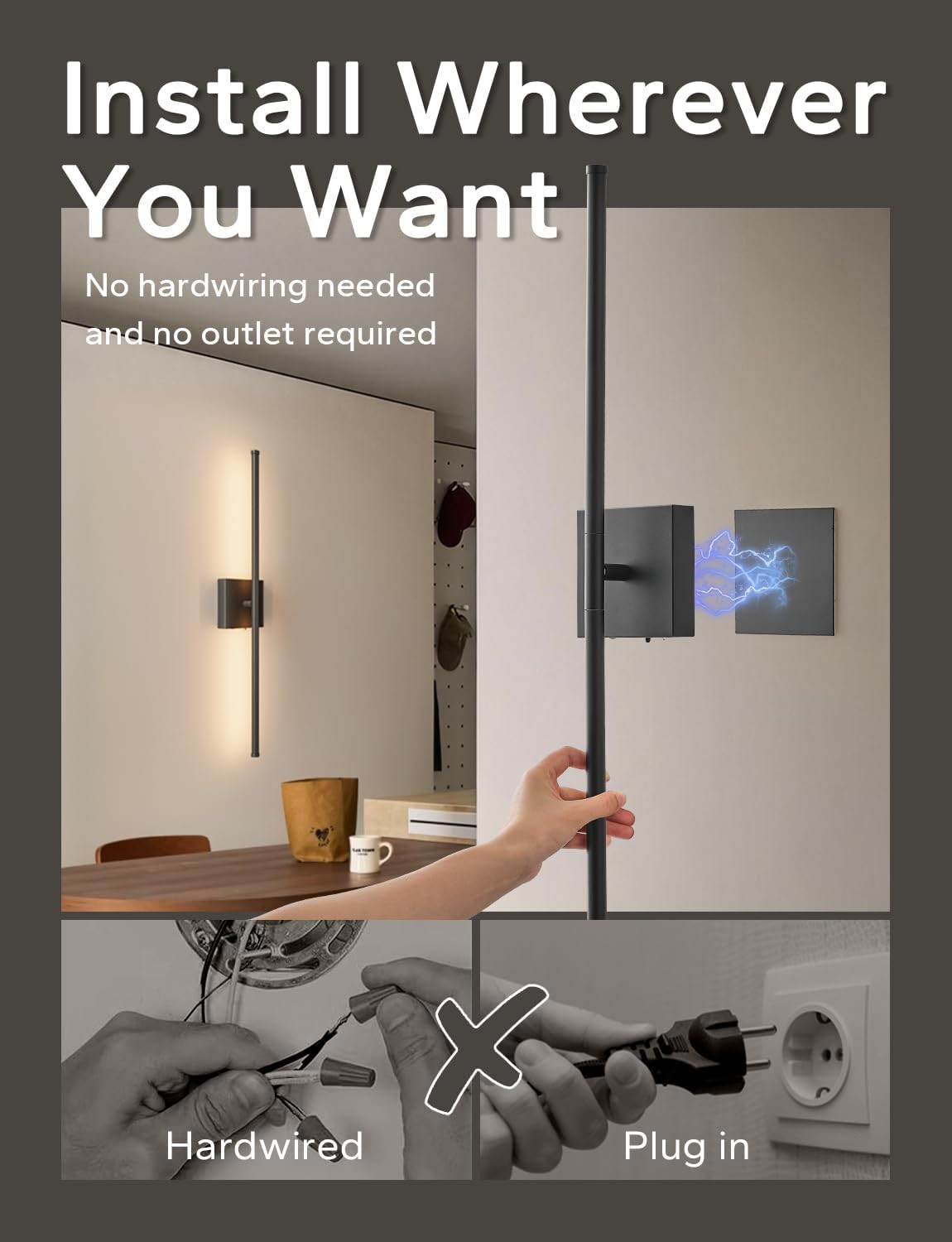 9000Mah Battery Operated Wall Sconces Set of 2, Black | 28.7In Peel and Stick Sc