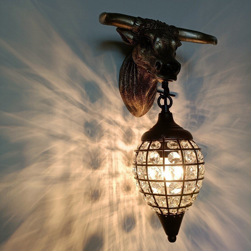 Vintage Steer Head Wall Sconce Industrial Iron Crystal Art Light for Bar Loft