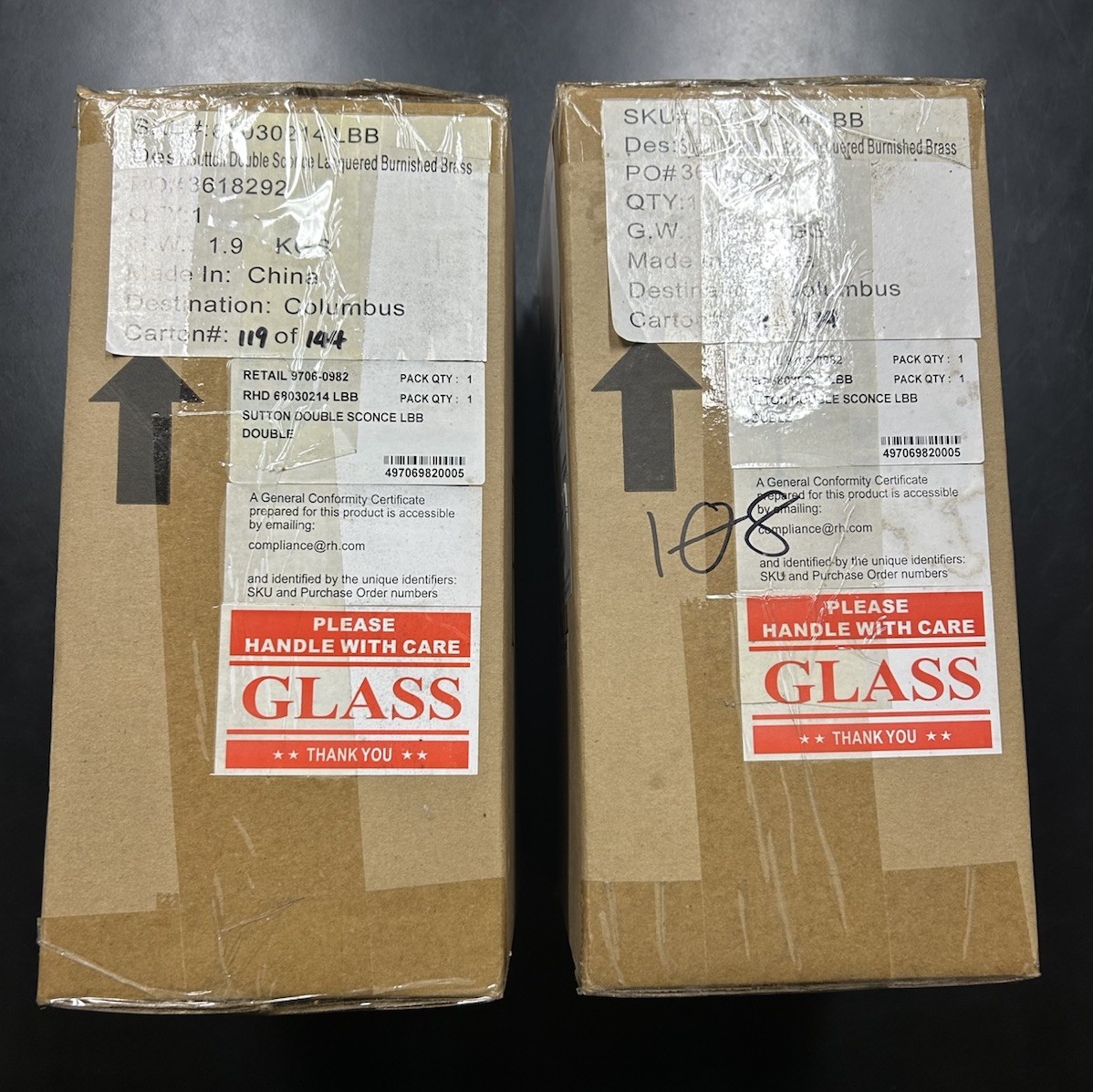 Pair of Restoration Hardware Sutton Double Sconces Lacquered Brass Frosted Glass