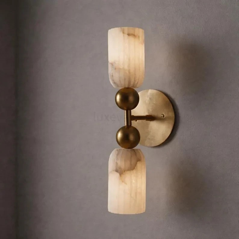 Mid Century Modern Alabaster Wall Sconce Pair Brass Double Cylinder Light Marble