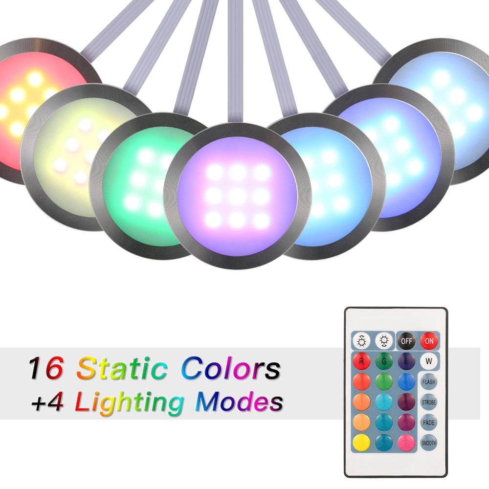 4PCS Slim Round Shape RGB LED Under Cabinet Light Kit SMD5050 Puck Lamp Col HESA