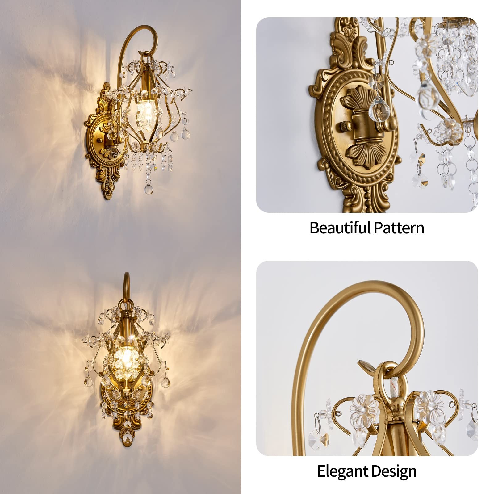 Gold Crystal Vintage Wall Sconces Set of 2 Indoor Hardwired Wall Light Fixtur…