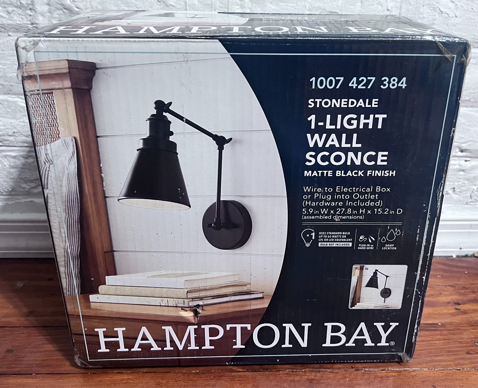 Hampton Bay 1-Light Black Plug-In/Hardwired Swing Arm Wall Lamp with 6 ft. Cord