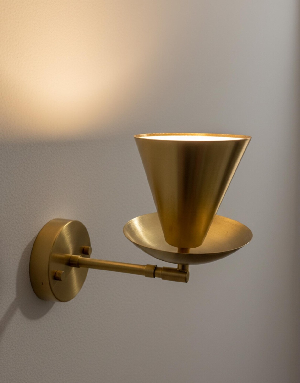 Mid-Century Modern Italian Wall Sconce: Adjustable Raw Brass Cone Shade Lamp