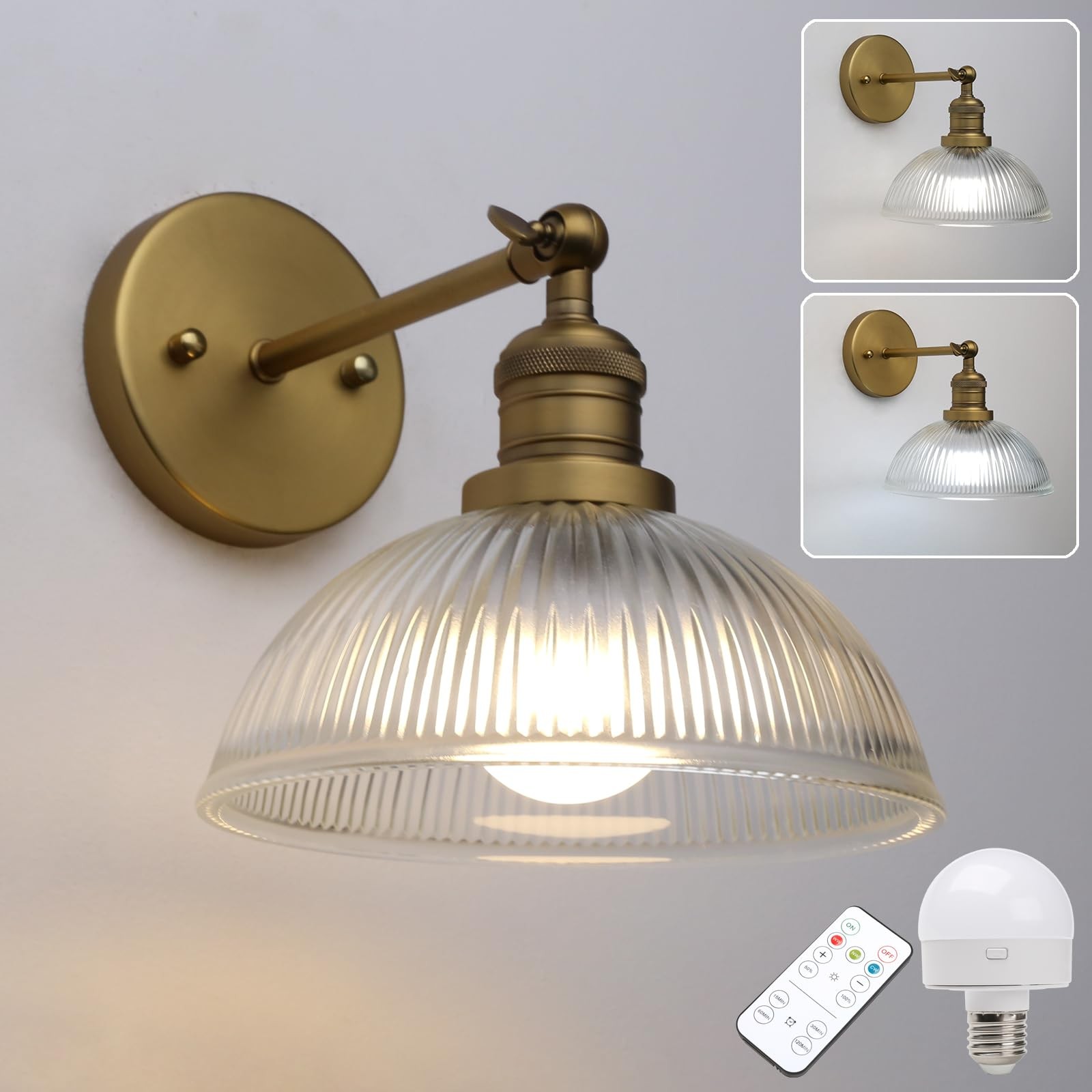 Pathson Battery Operated Wireless Wall Sconce, Rechargeable Modern Brass
