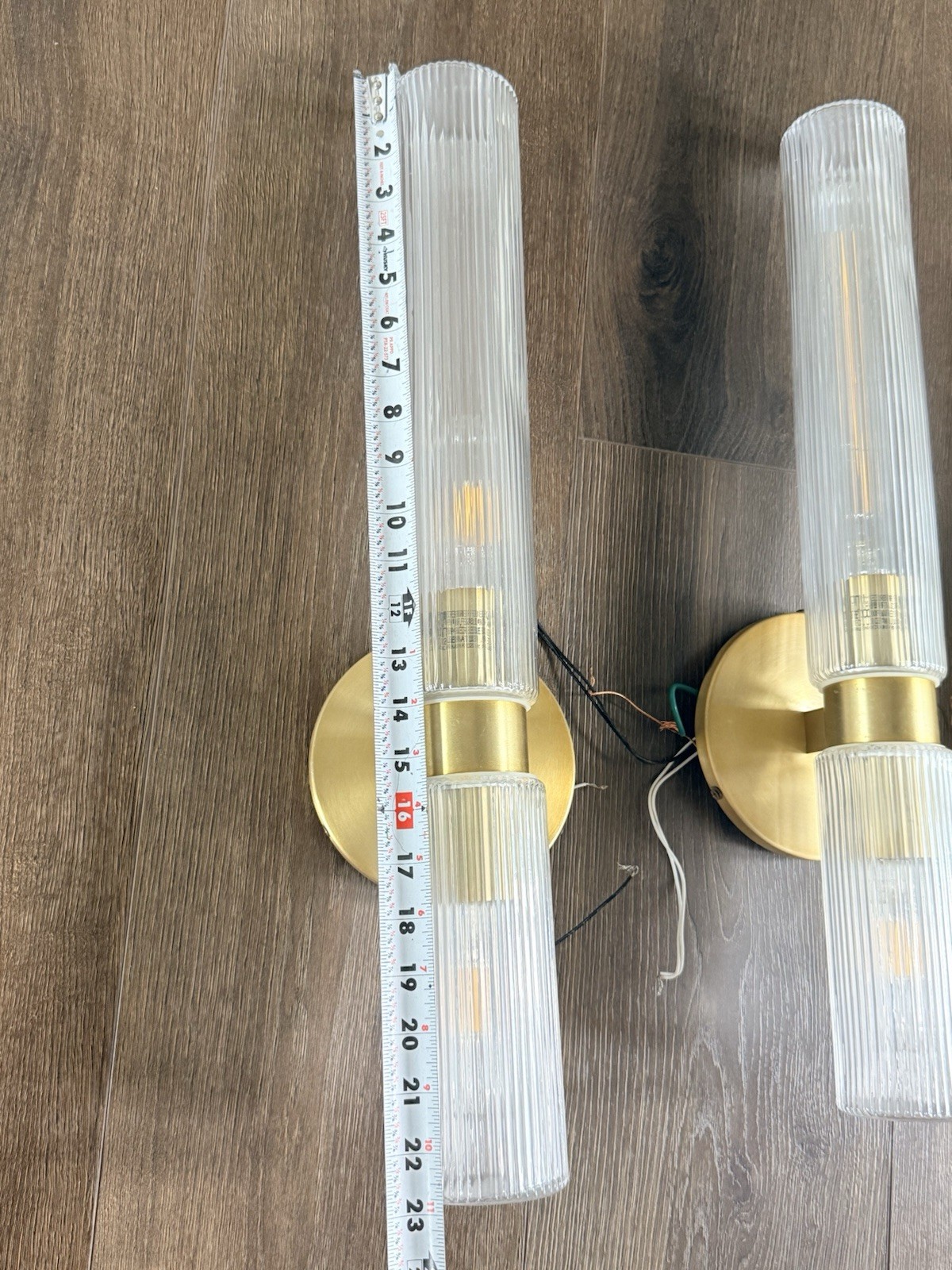 Set of 6 Indoor Wall Sconce Lights Gold Metal Backplate Clear Fluted Glass Shade