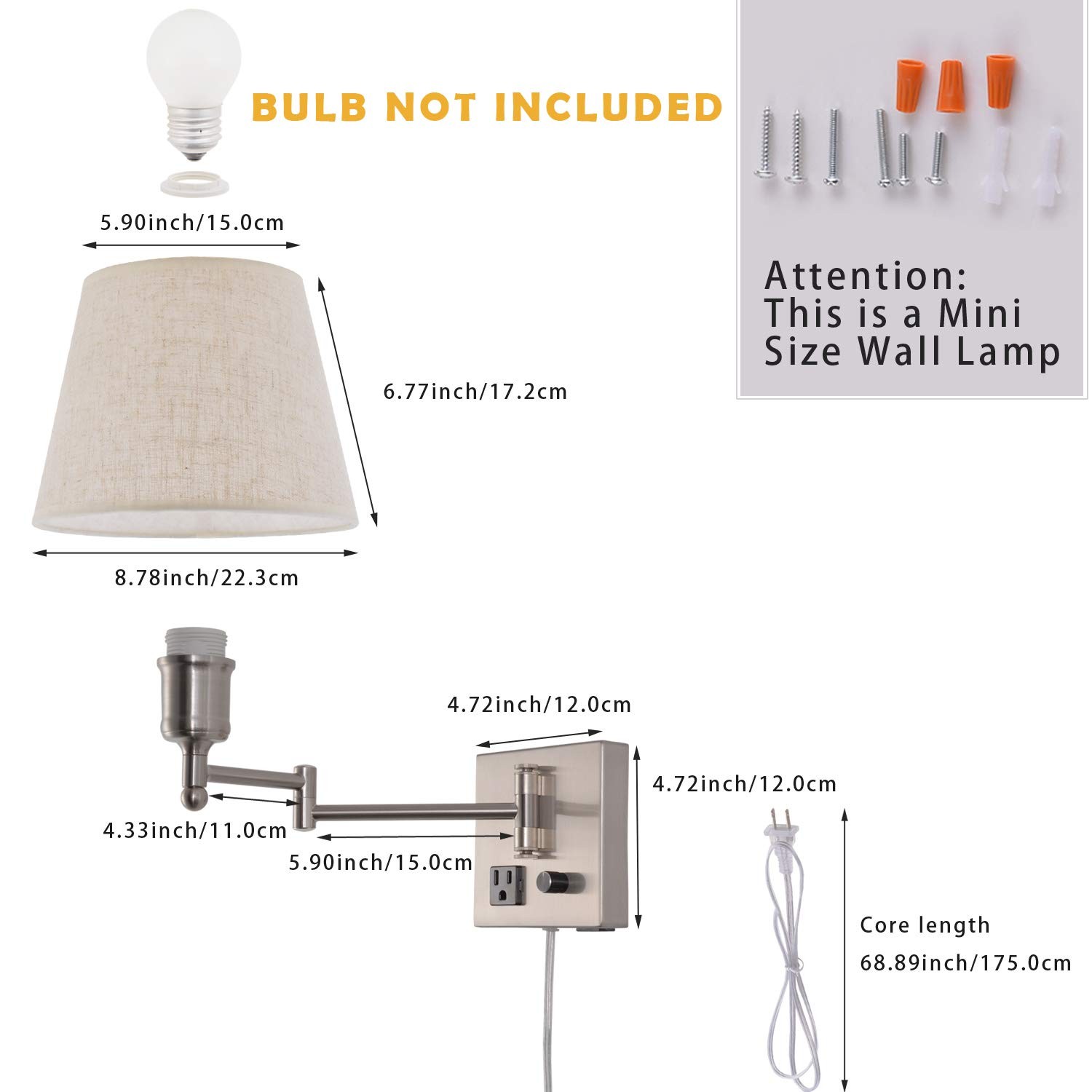 Bedside Wall Mount Light with Dimmable Switch and Outlet, Swing Arm Fabric Sh…