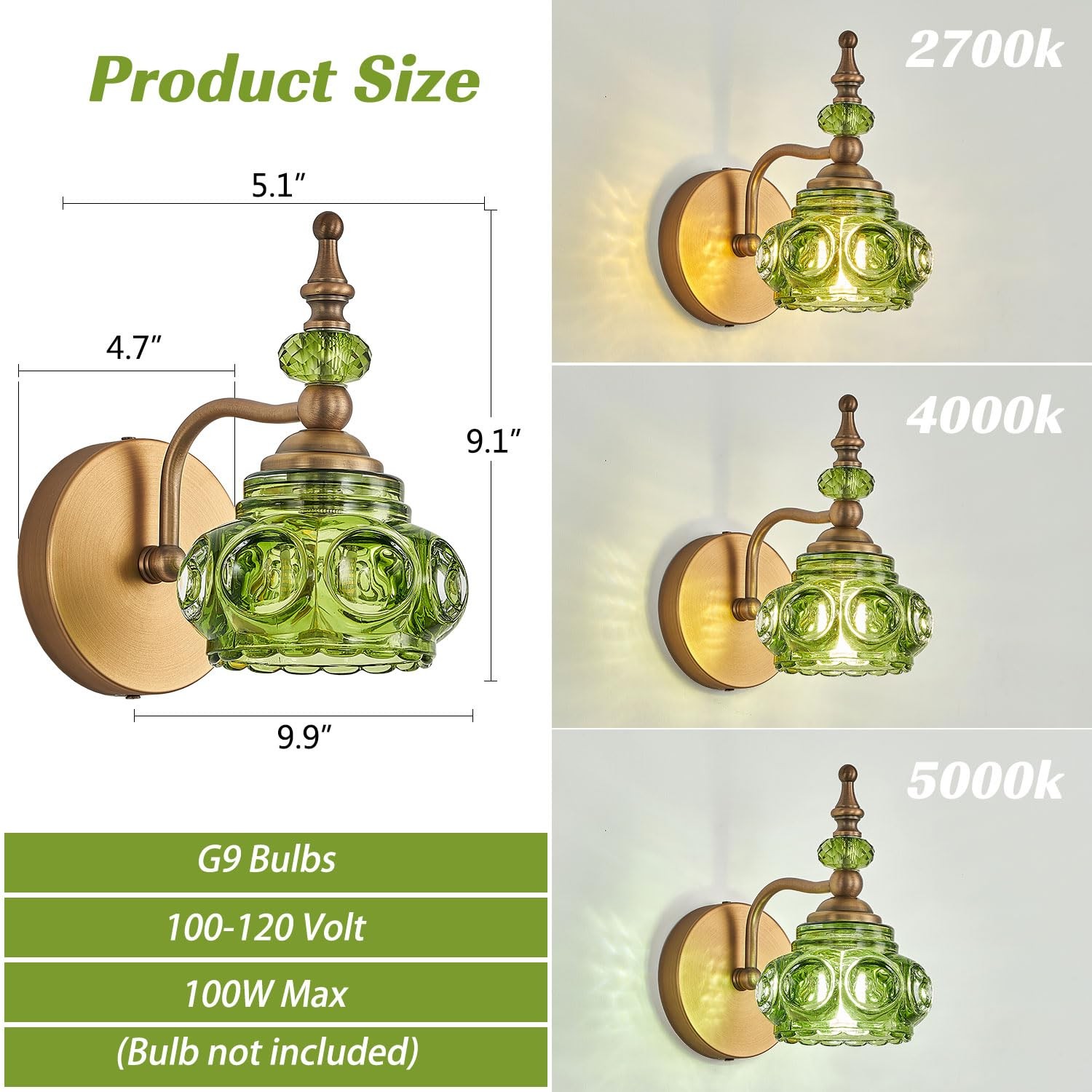 Vintage Green Glass Wall Sconce Bathroom Lighting Fixture, Large