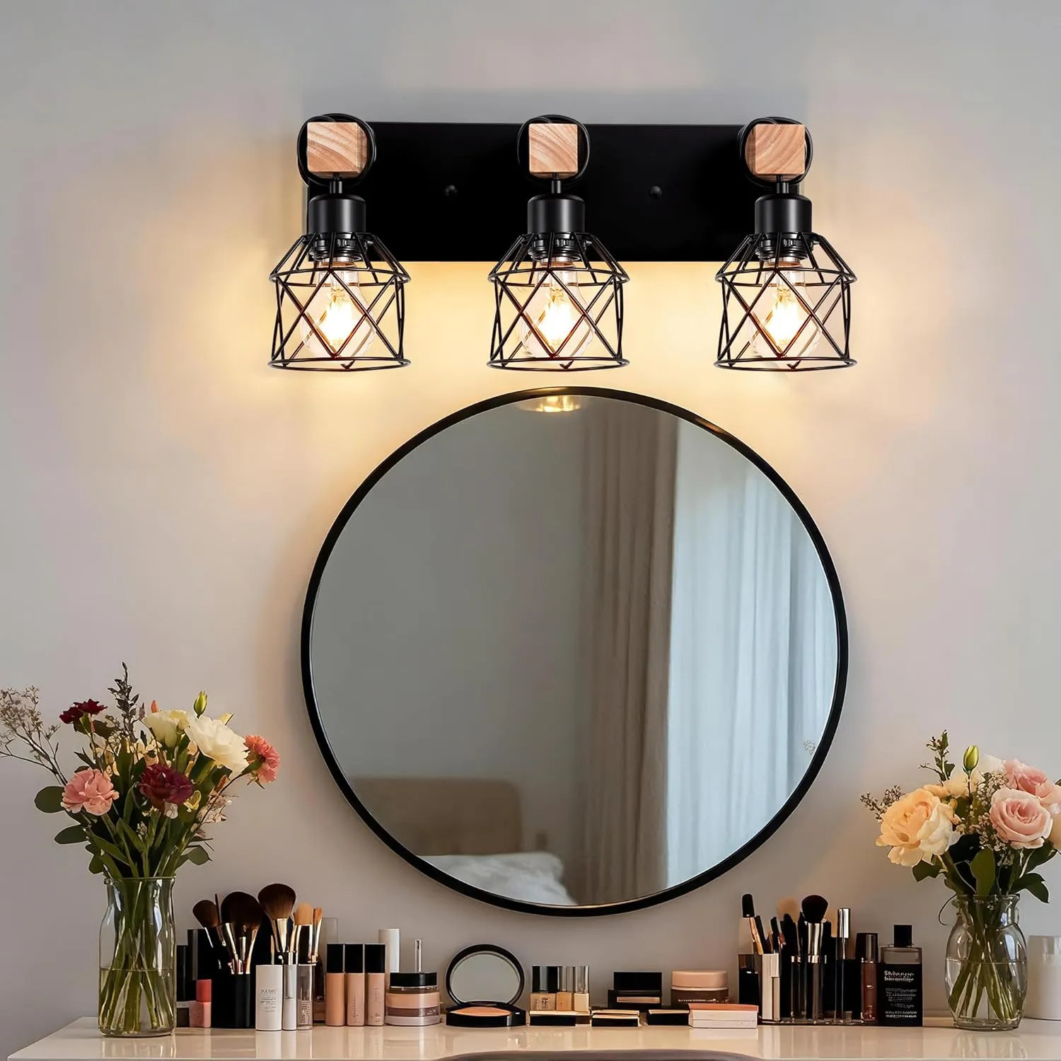 3 Light Bathroom Vanity Wall Lamp Rustic Wood And Black Metal Cage Farmhouse…