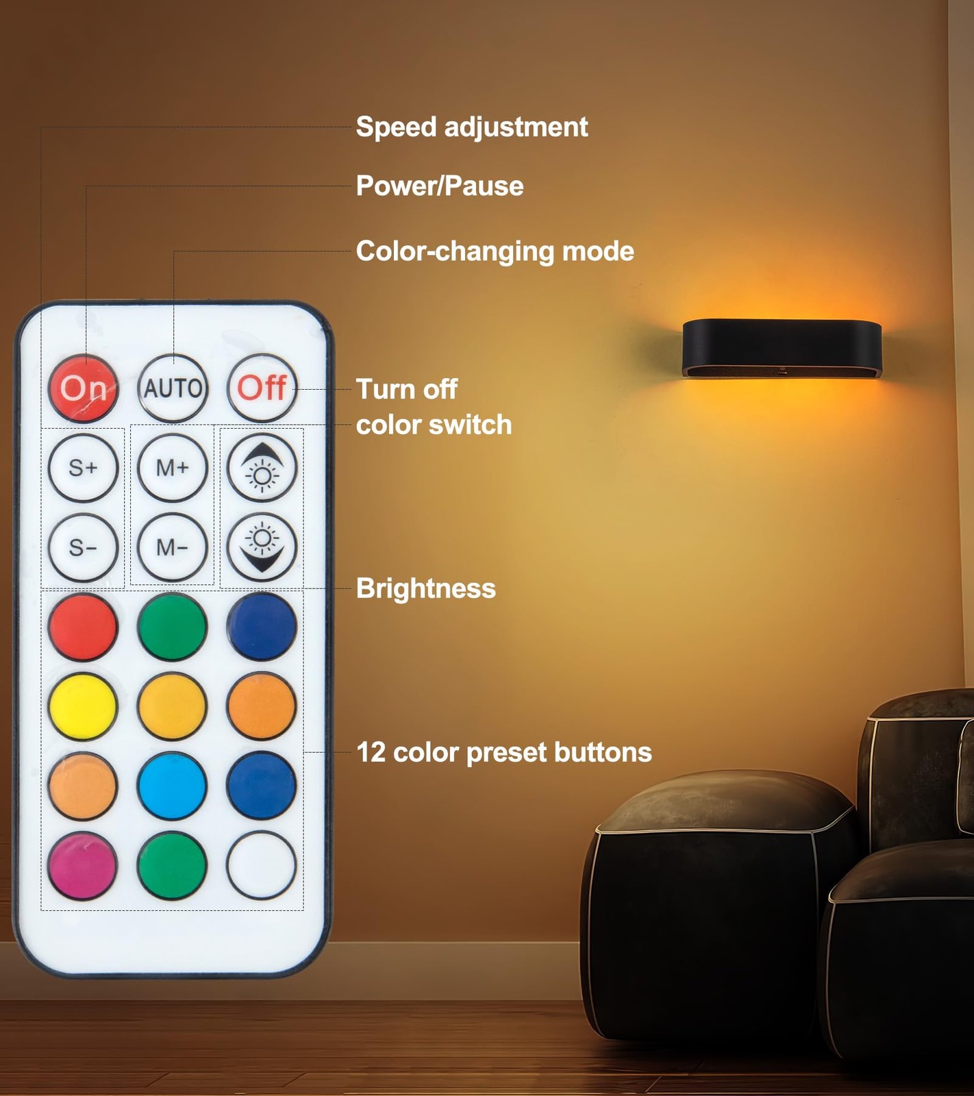 2Pcs RGB Wall Light with Remote Control, LED Indoor Wall Sconce, 6000mAh Rech…