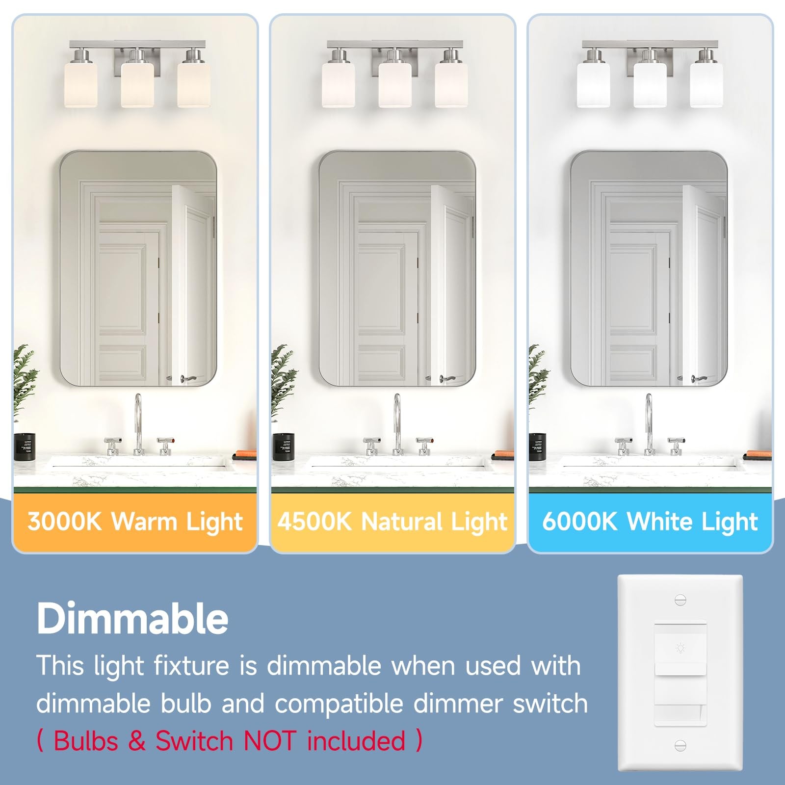 3-Light Bathroom Vanity Light,Brushed Nickel Vanity Lights with Square Froste…