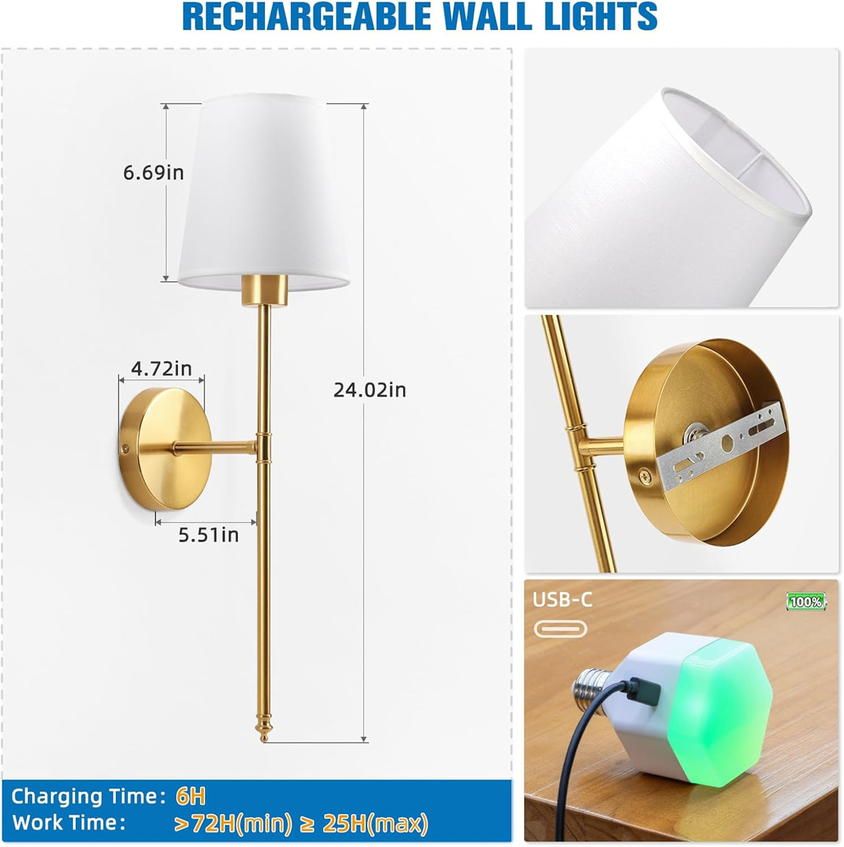 NIORSUN Battery Operated Wall Sconce Set of 2,Gold Rechargeable Wall Lights