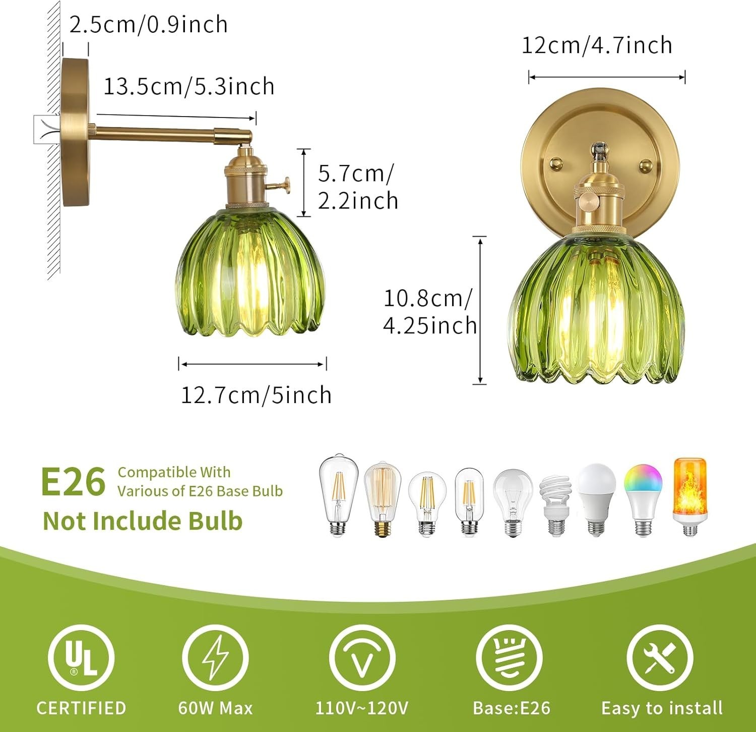 Vintage Green Wall Sconces Set of 2 with Adjustable Tulip Glass Shade