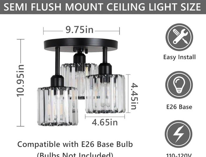 3-Light Modern Close to Ceiling Light Fixtures,Kitchen Light Round Black